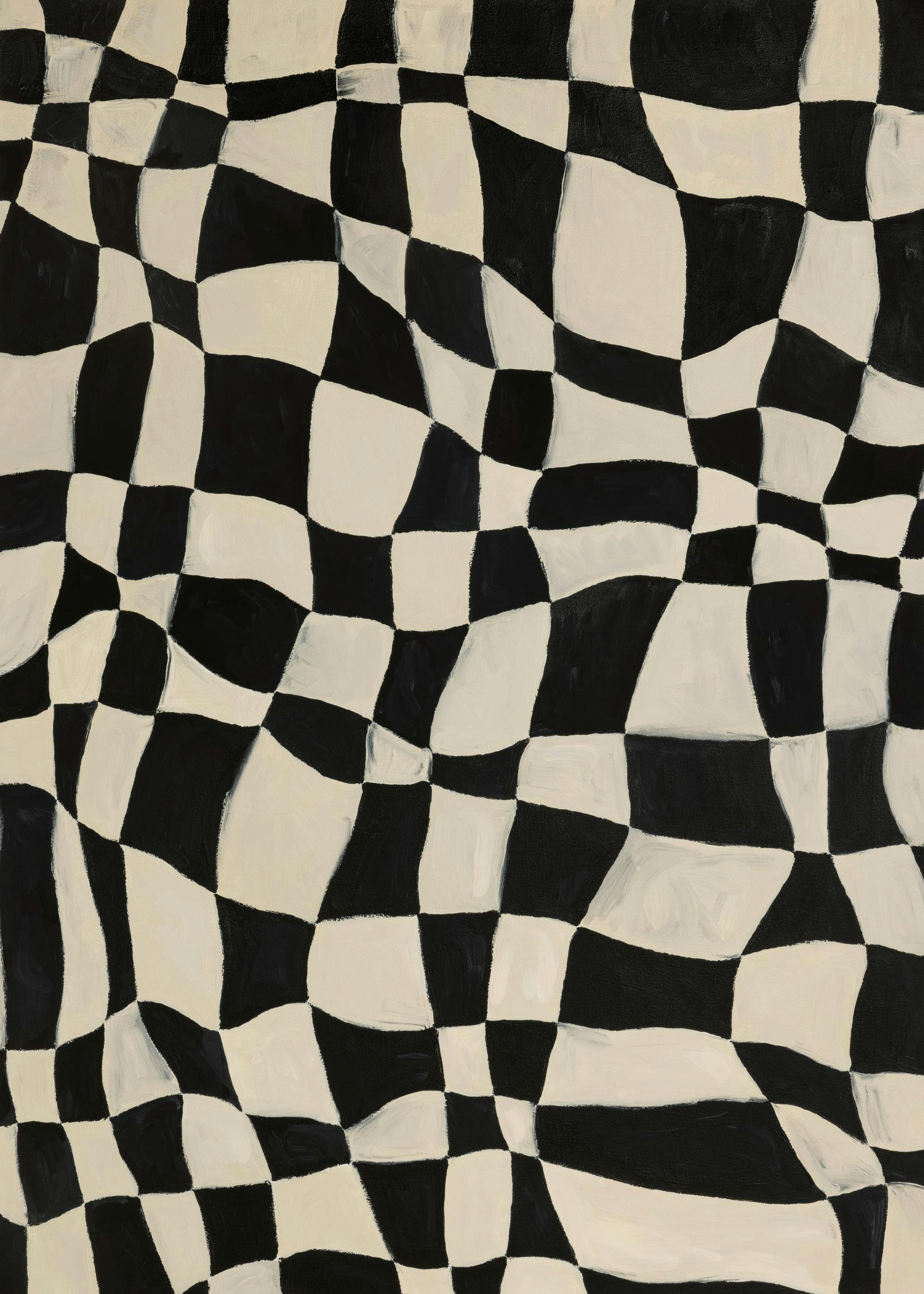 Affiche abstraite avec des carreaux noirs et blancs ondulés, créant un motif damier déformé.
