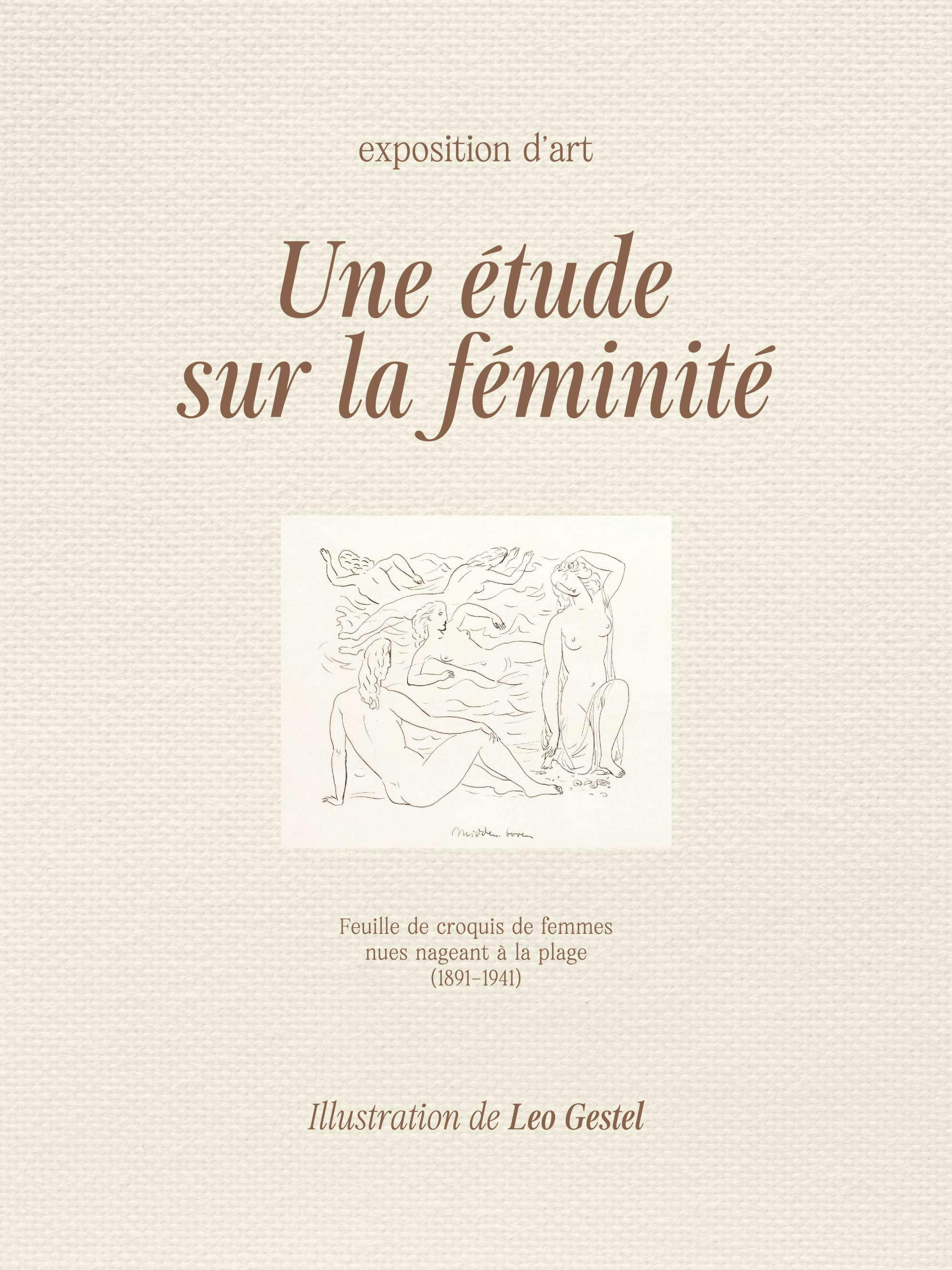 A print of a vintage exhibition poster with French text and a black line art sketch of nude women swimming at the beach.