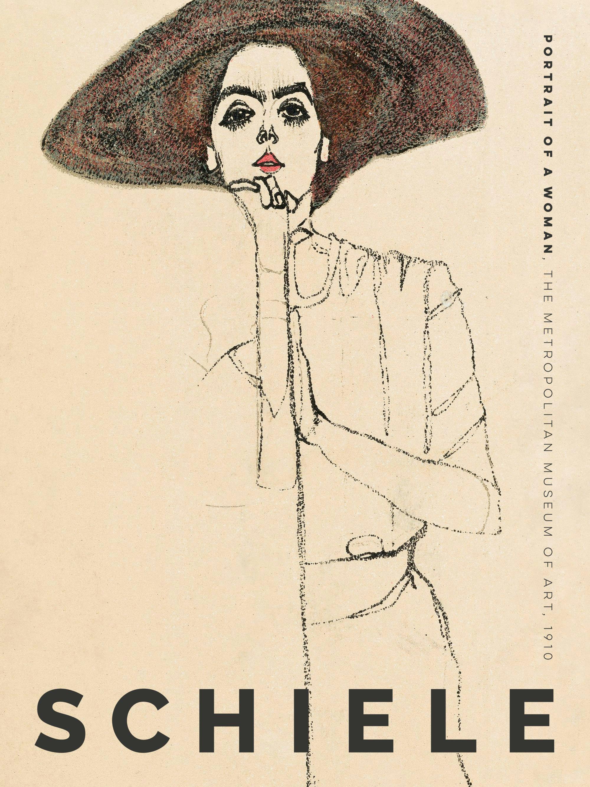 Affiche du Portrait dune femme de Schiele, avec un visage et un chapeau colorés et un corps esquissé en noir.