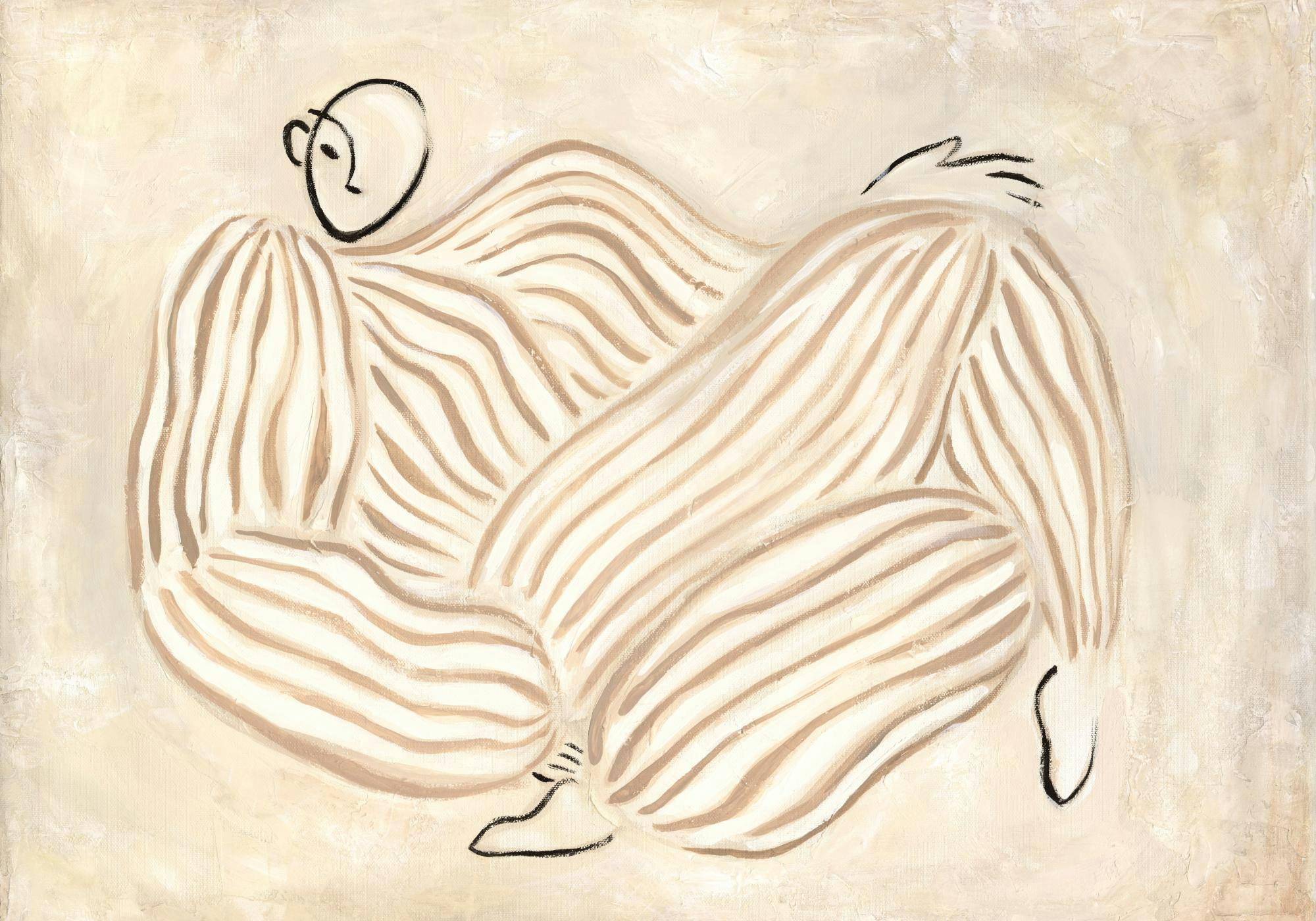 En poster som föreställer en liggande abstrakt figur med brunvita ränder och en svart ansiktskontur.