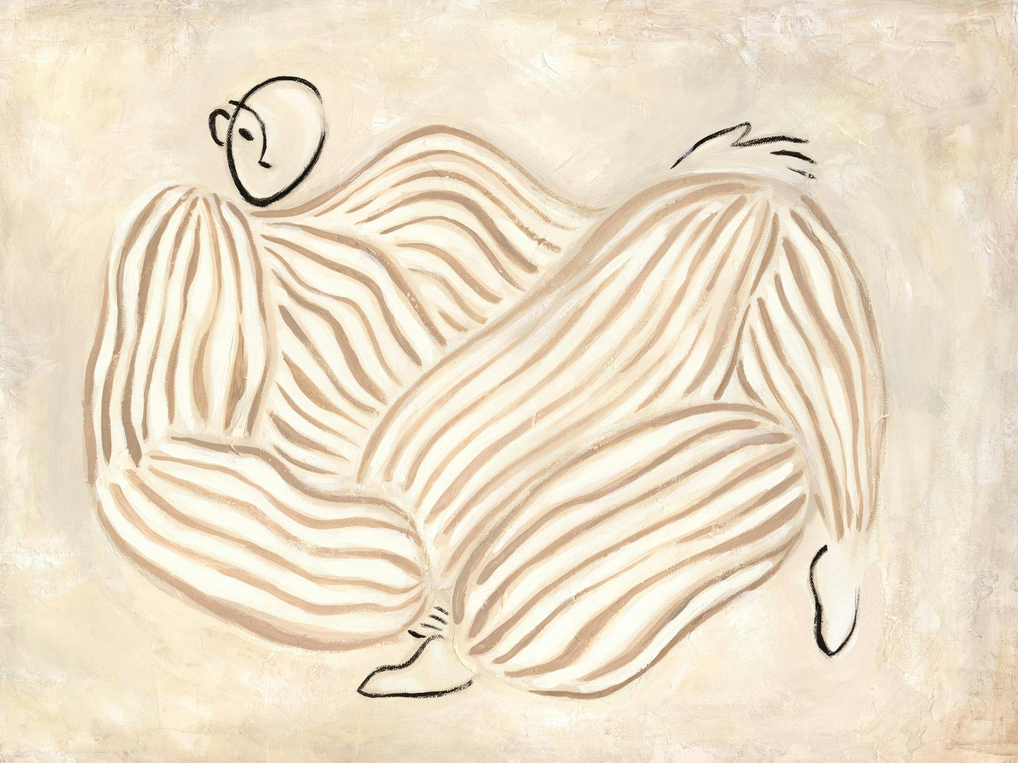 En poster som föreställer en liggande abstrakt figur med brunvita ränder och en svart ansiktskontur.