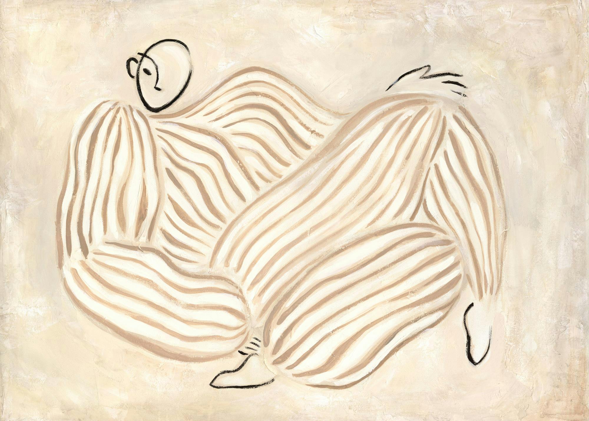 Affiche dune personne abstraite aux rayures beiges et blanches, avec un visage simple et des contours noirs.