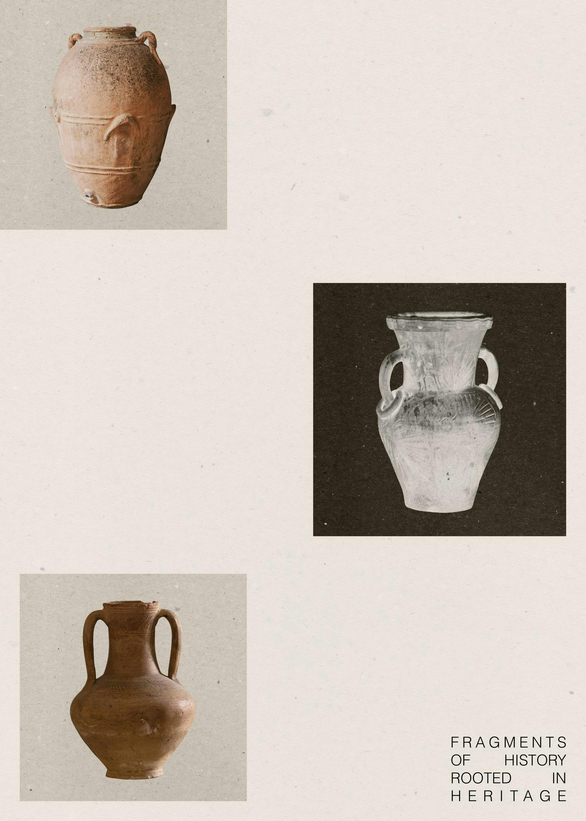 Affiche avec trois poteries anciennes en terre cuite et en verre, sur fond beige clair.