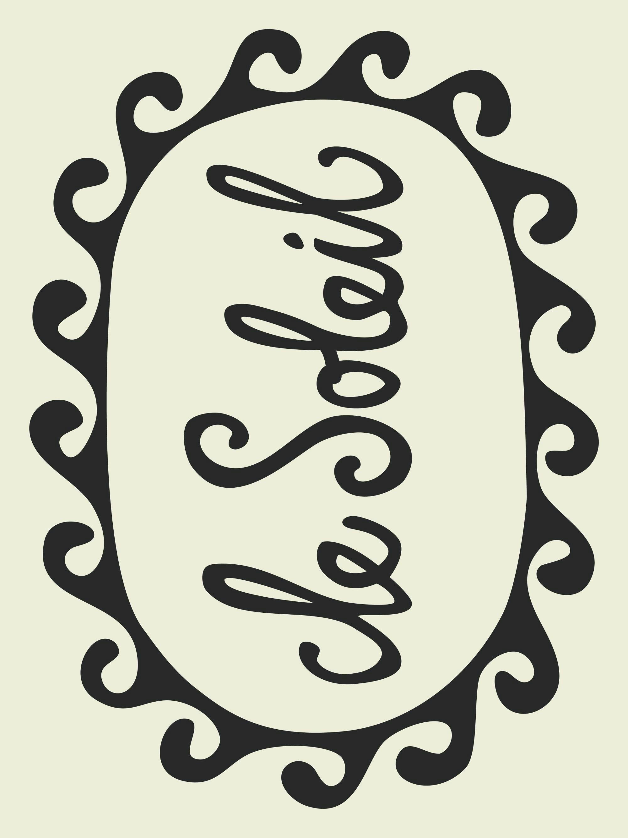 En poster med texten Le Soleil i svart skrivstil omgiven av en vågig oval ram på en ljus bakgrund.