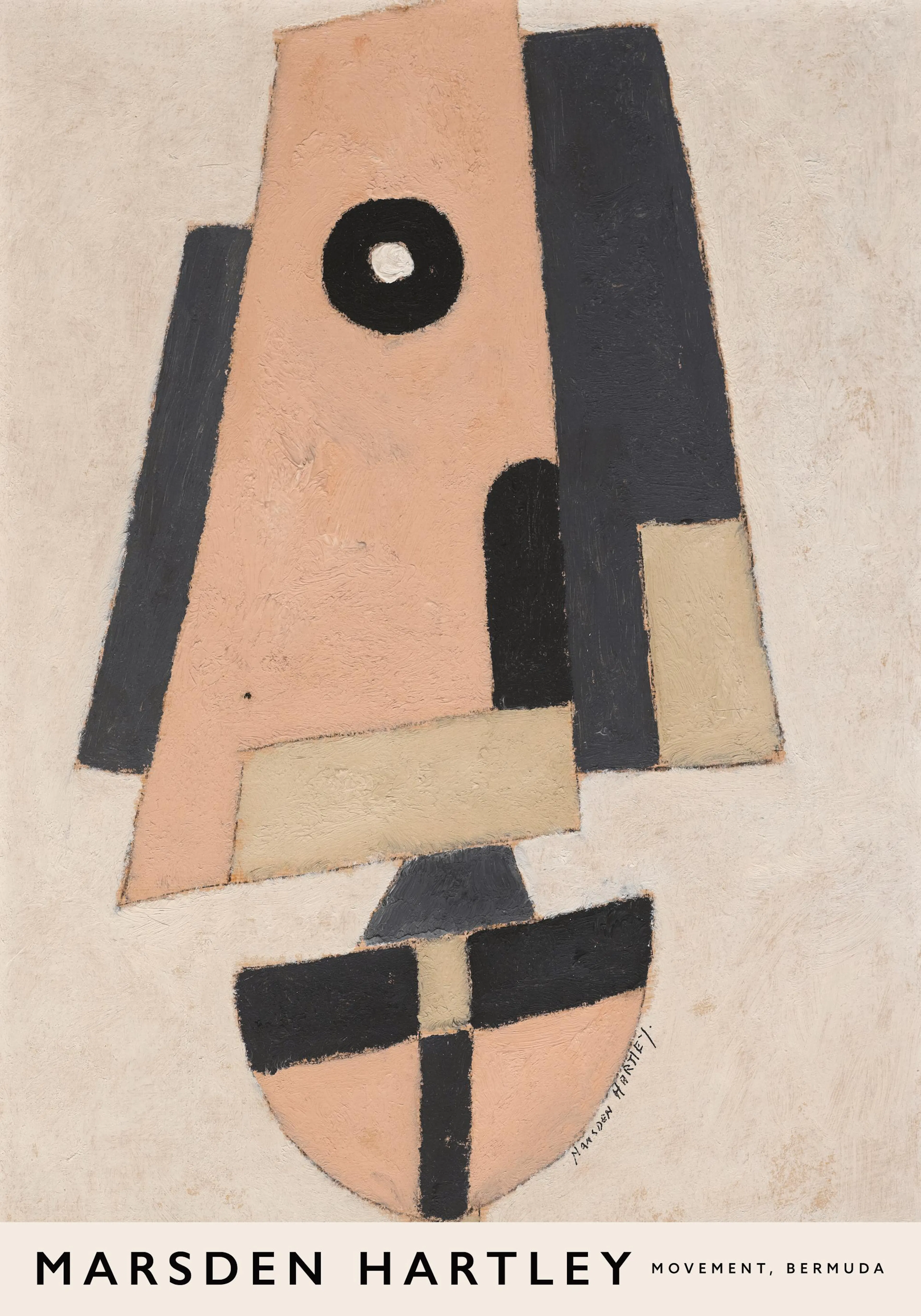 Póster de arte abstracto con formas geométricas en tonos pastel, negro y crema, creando un rostro cubista.