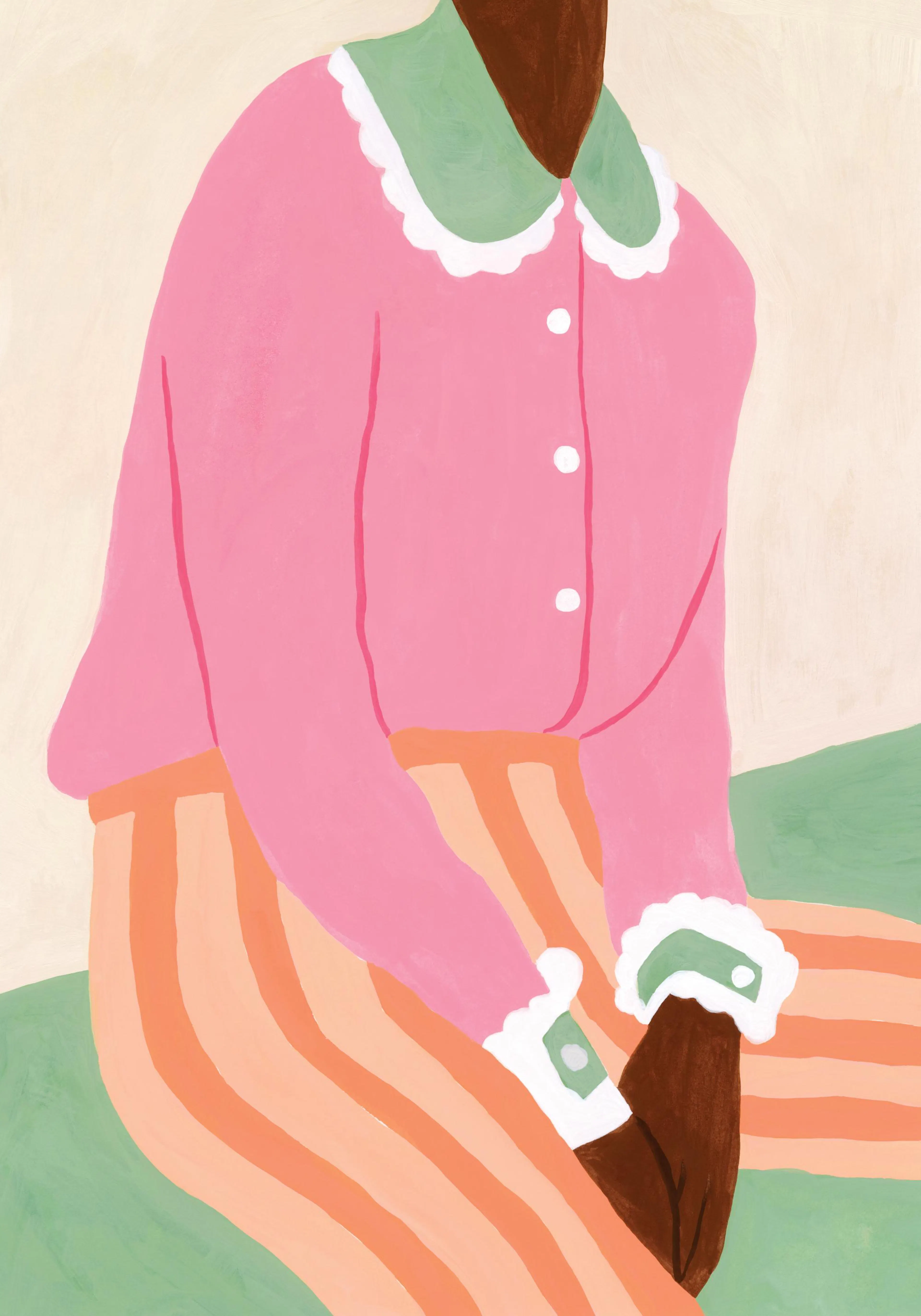 Un póster de una figura abstracta con blusa rosa, cuello blanco y puños blancos, sentada sobre un fondo de franjas naranjas y ve