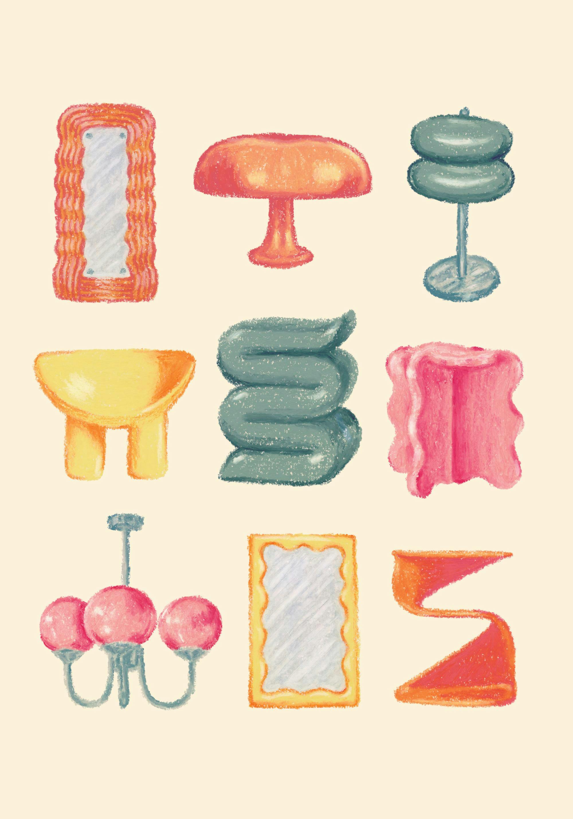 En poster med nio olika färgglada möbel- och inredningsobjekt i en barnslig kritteckningsstil.