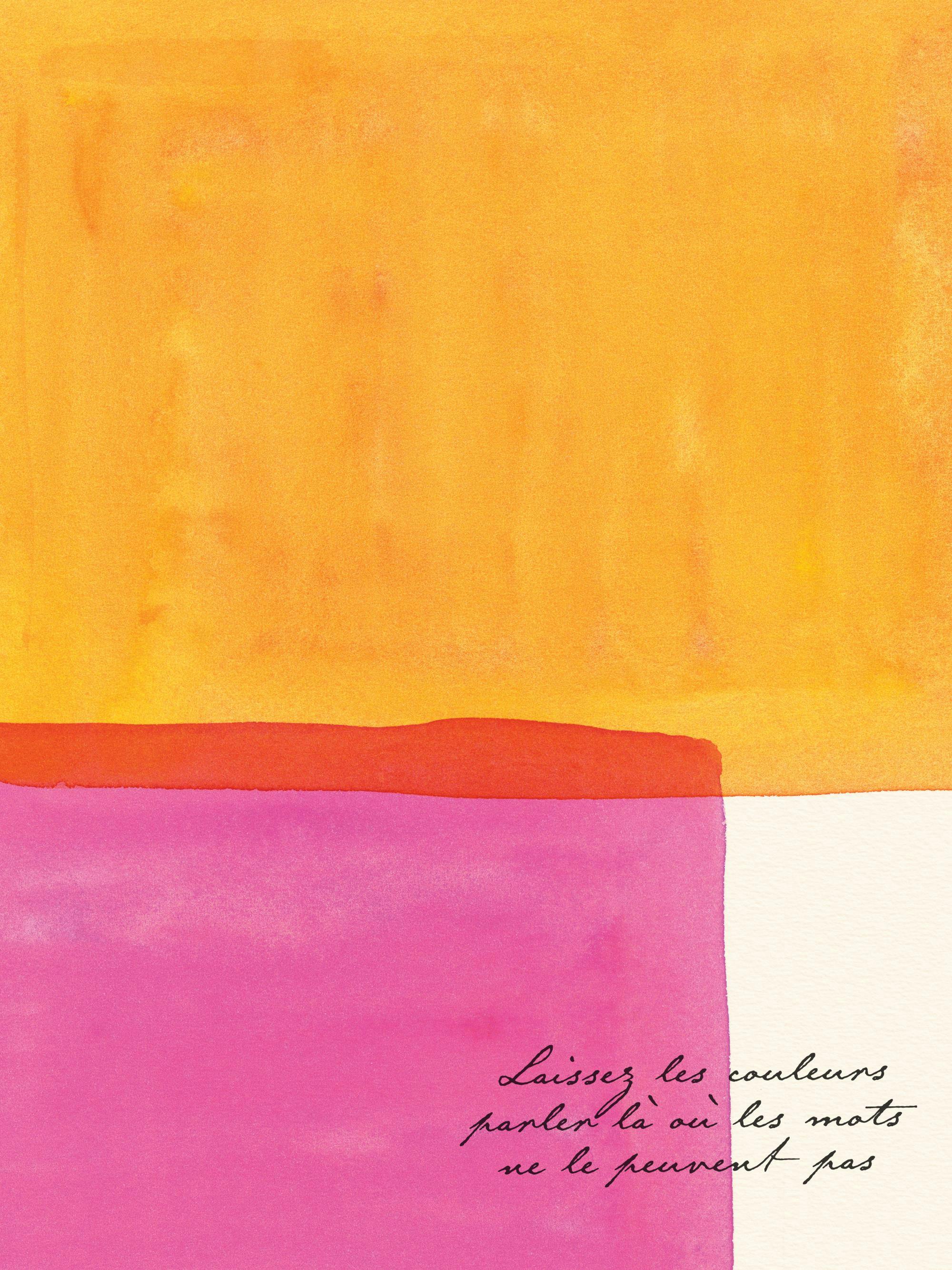 En poster med ett abstrakt motiv av orange, röd och rosa akvarellfärg samt texten Laissez les couleurs parler là où les mots ne