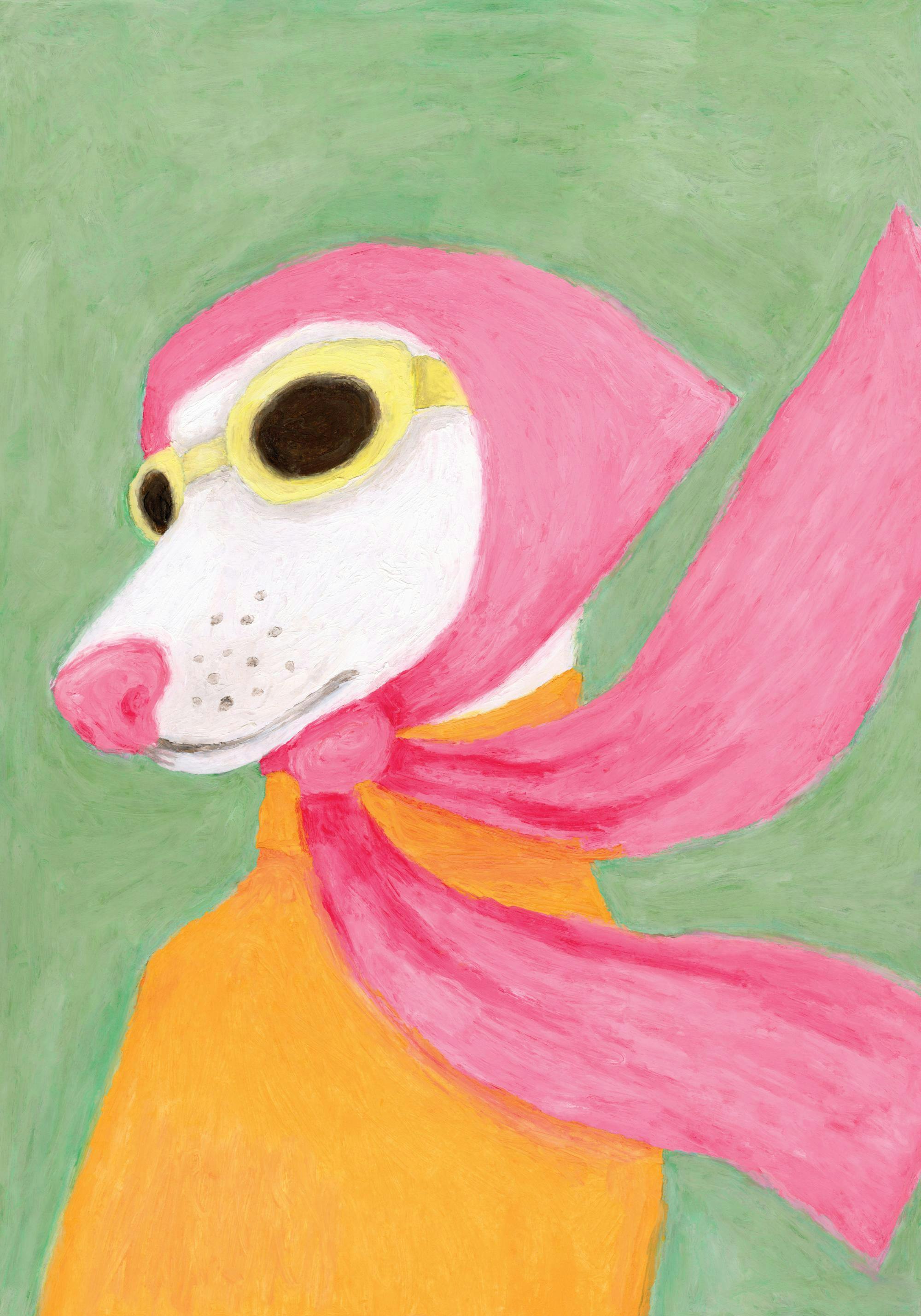 En poster som föreställer en vit hund med rosa huva, gula glasögon och rosa halsduk mot grön bakgrund.