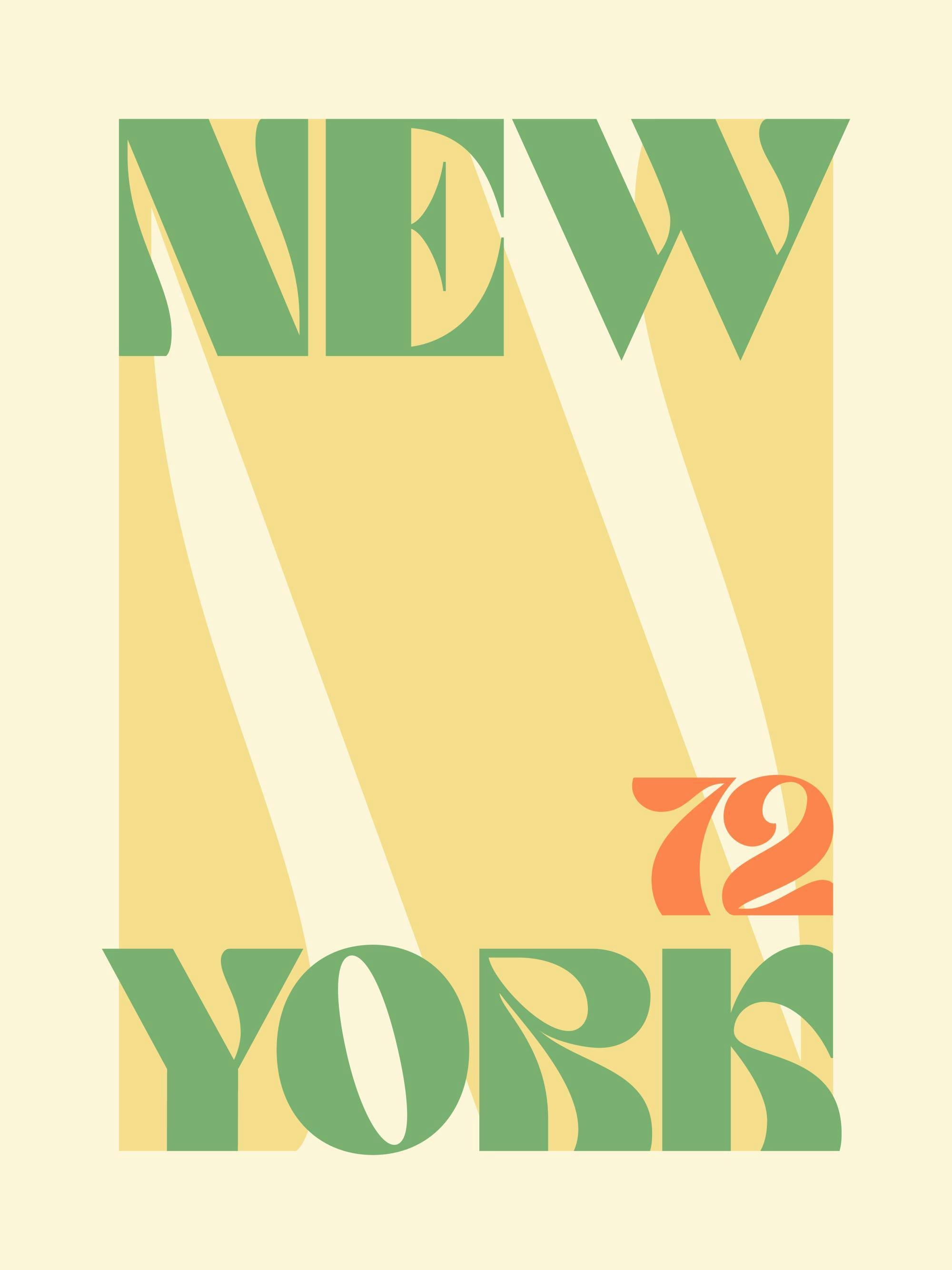 Poster med ordet NEW YORK i grönt, orange och beige, mot en ljusgul bakgrund.