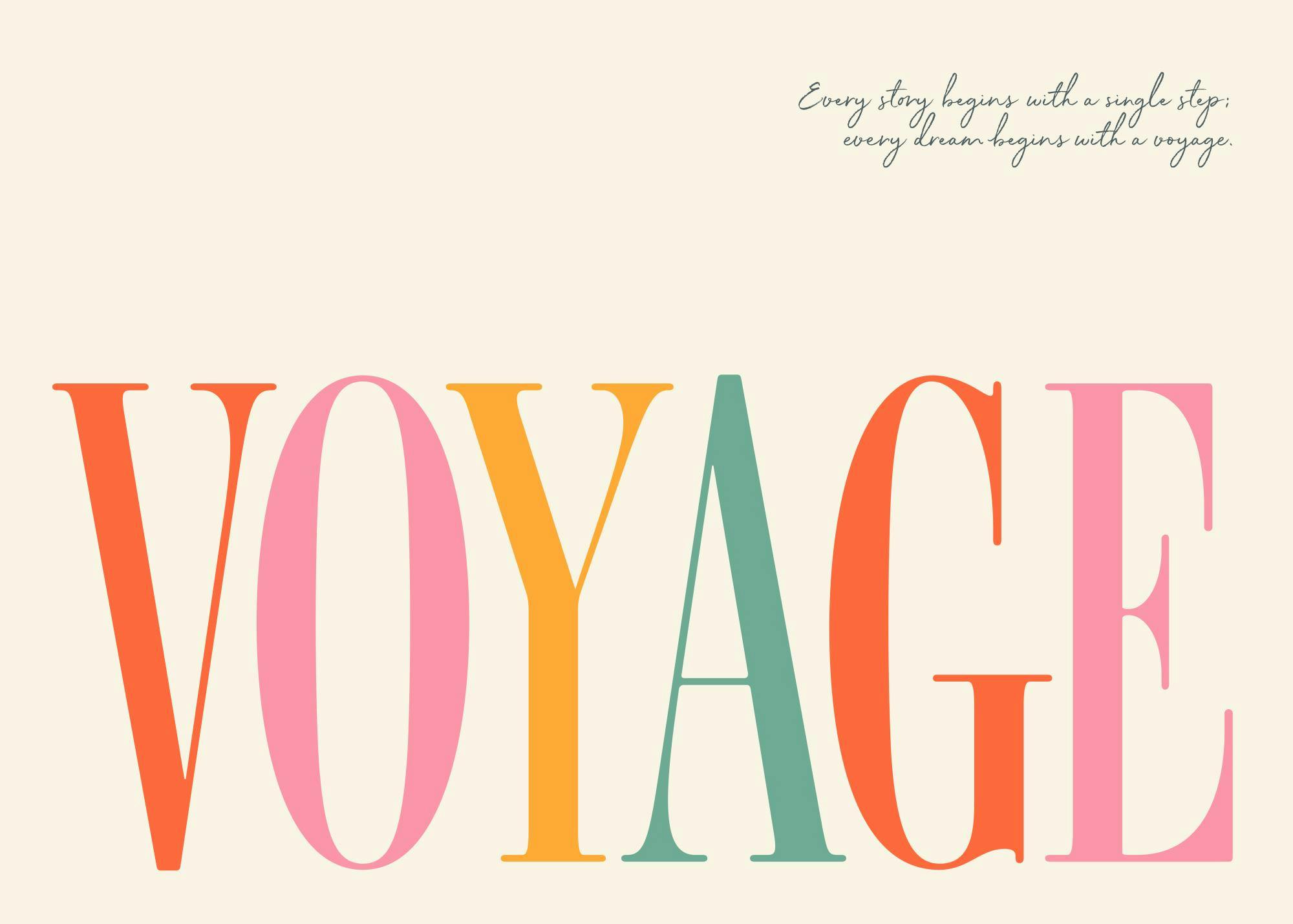 Poster con la parola VOYAGE in colori vivaci arancio, rosa, giallo e verde acqua, e una citazione in alto.