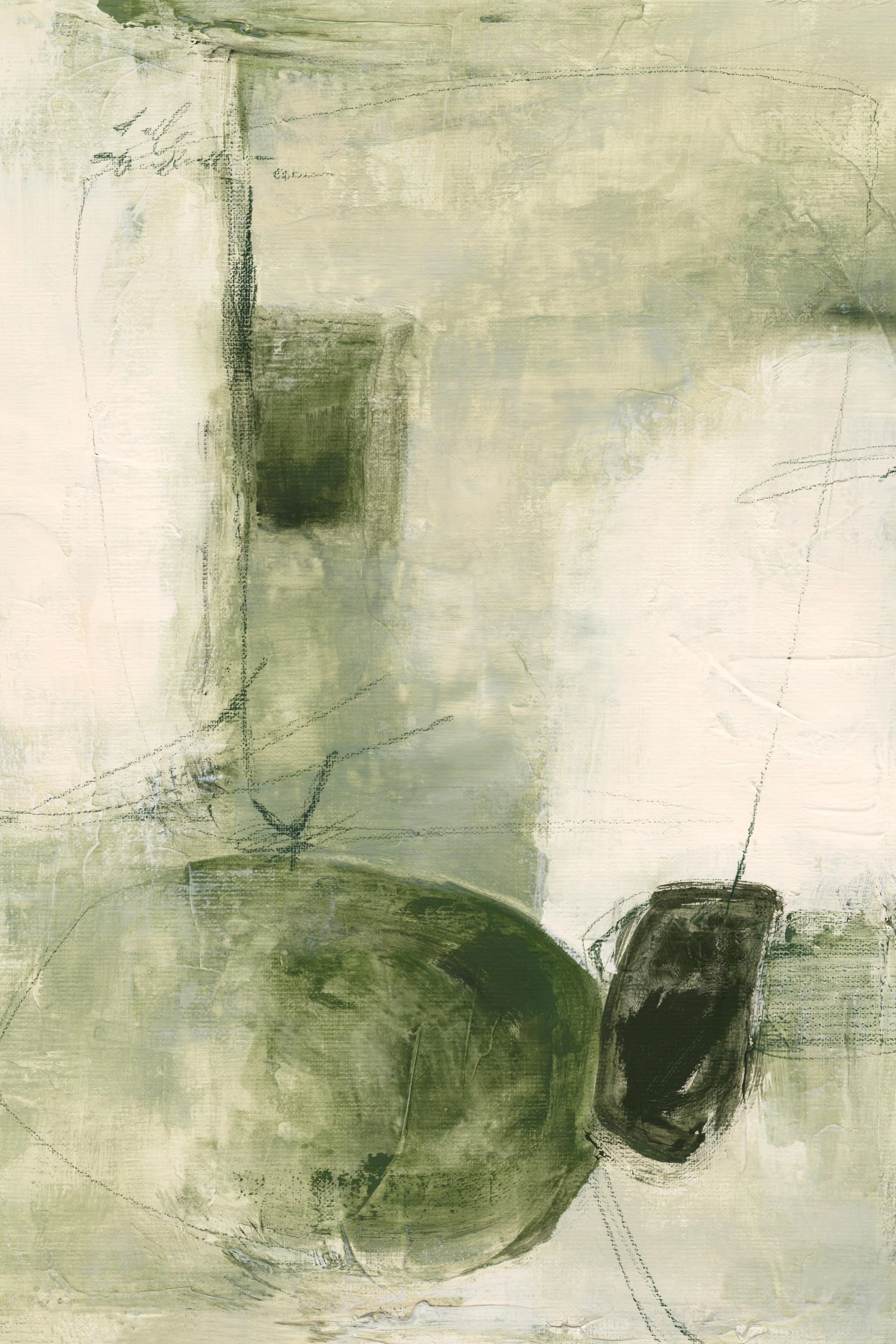 Een poster met abstracte organische vormen in diverse tinten groen en beige met fijne lijnen.