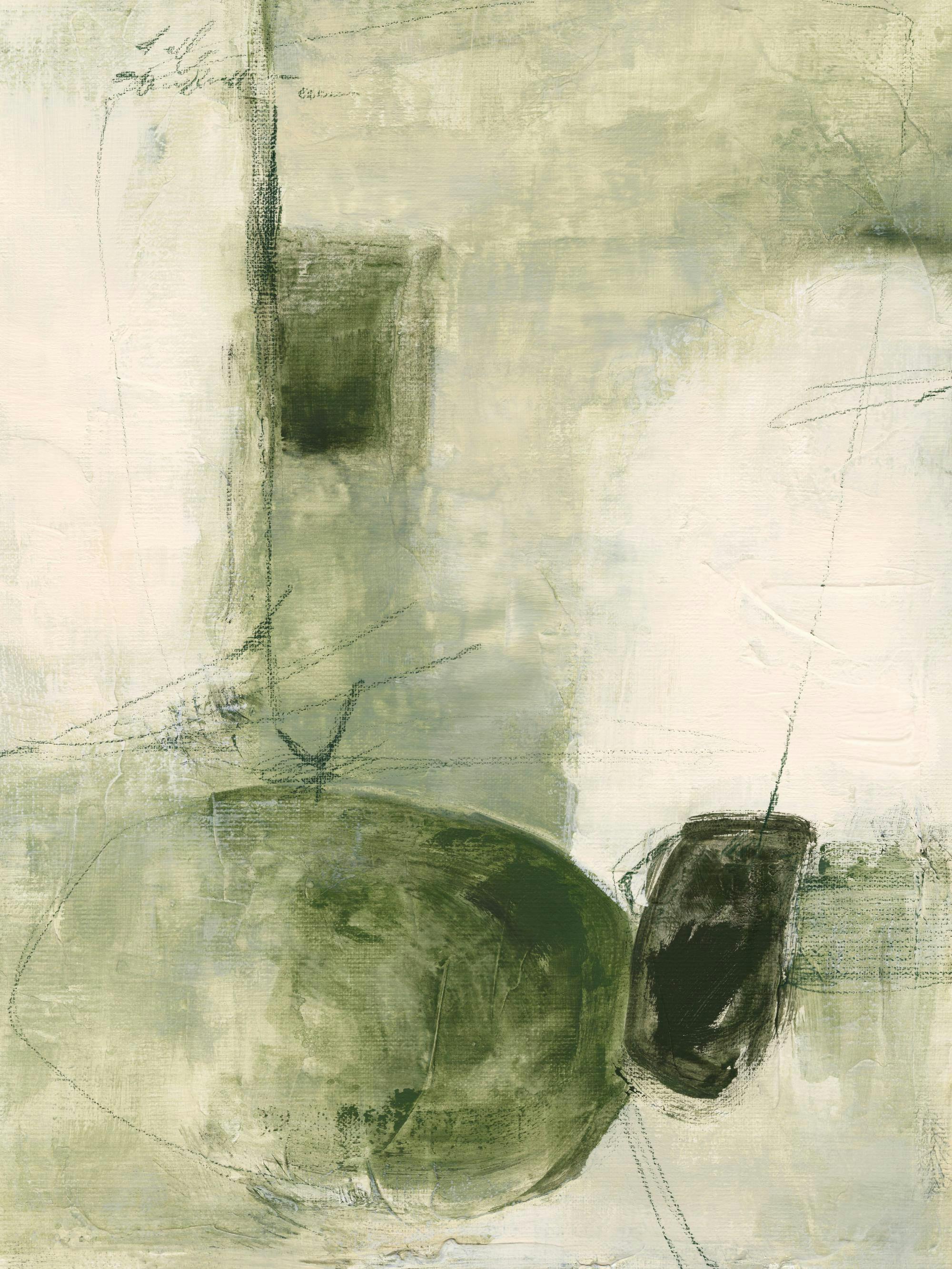 En poster med abstrakt konst i jordnära gröna och beigea toner med grova penseldrag och linjer.