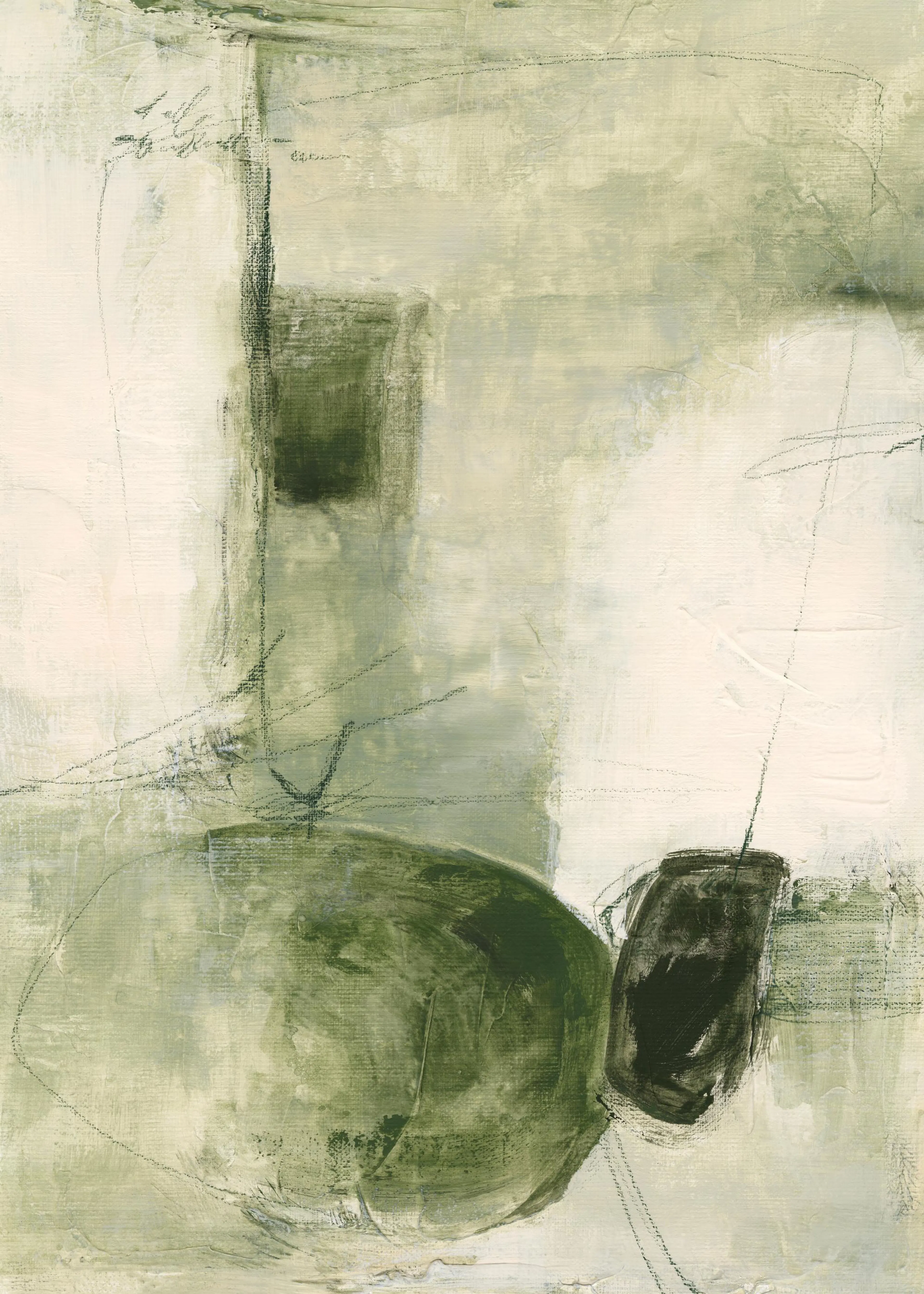 Een poster met abstracte organische vormen in lichtgroen en donkergroen met textuurdetails.