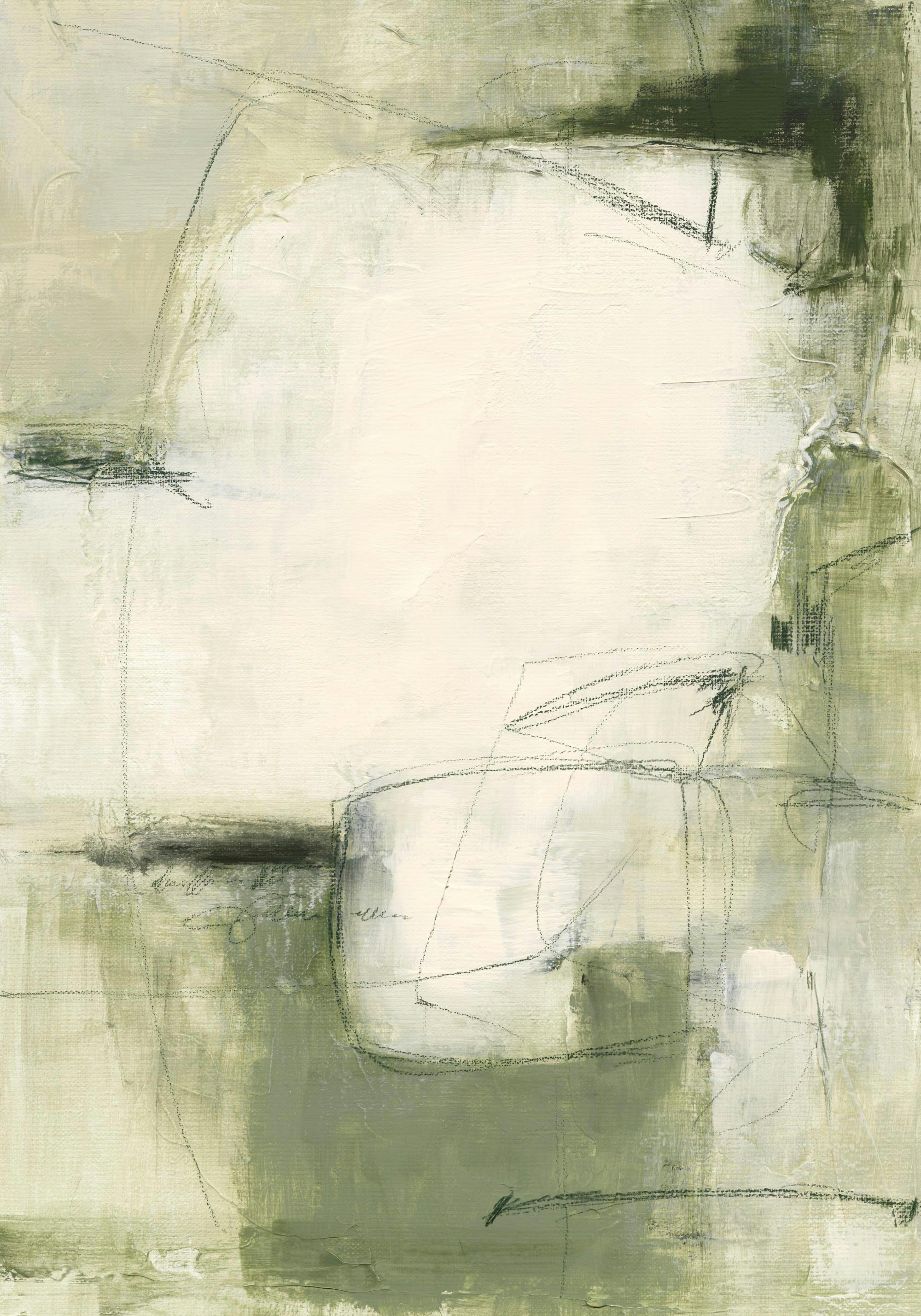 Poster: Ein abstraktes Kunstwerk in verschiedenen Grüntönen mit skizzenhaften schwarzen Linien und hellen Akzenten.