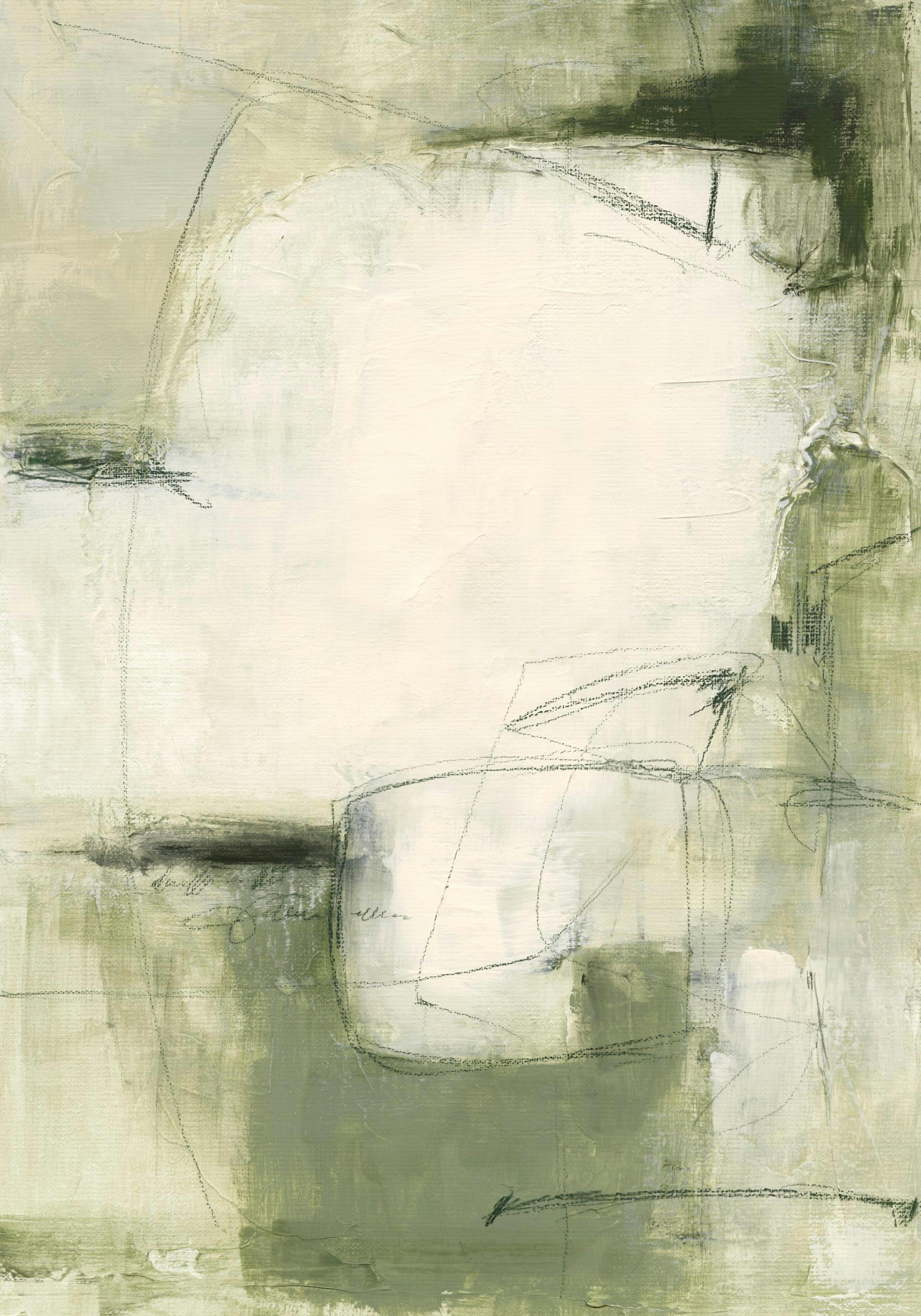 Póster abstracto con pinceladas en tonos verdes y beige, y líneas garabateadas en negro.