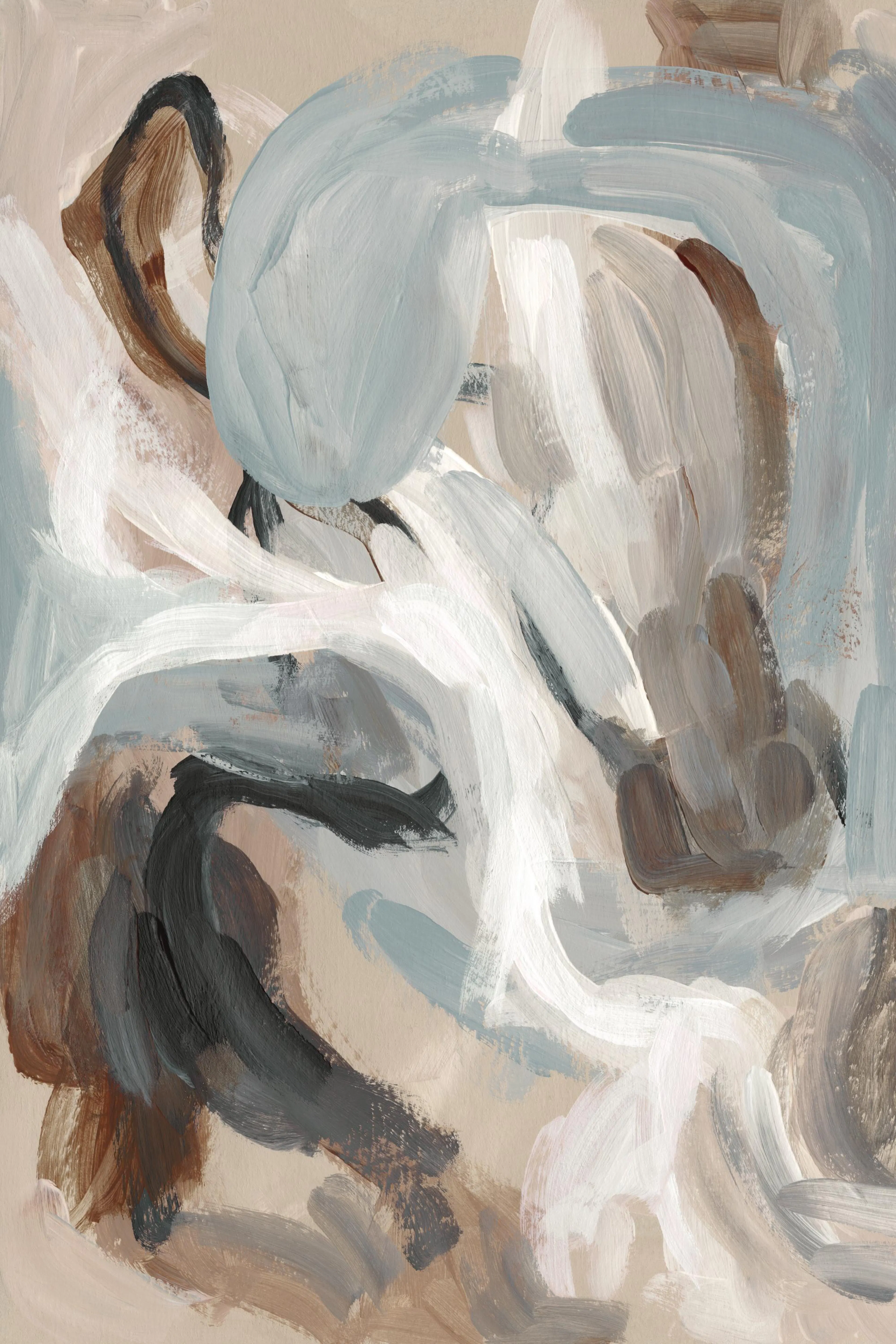 A neutral-toned abstract print with flowing paint strokes in white, grey, brown, and light blue.