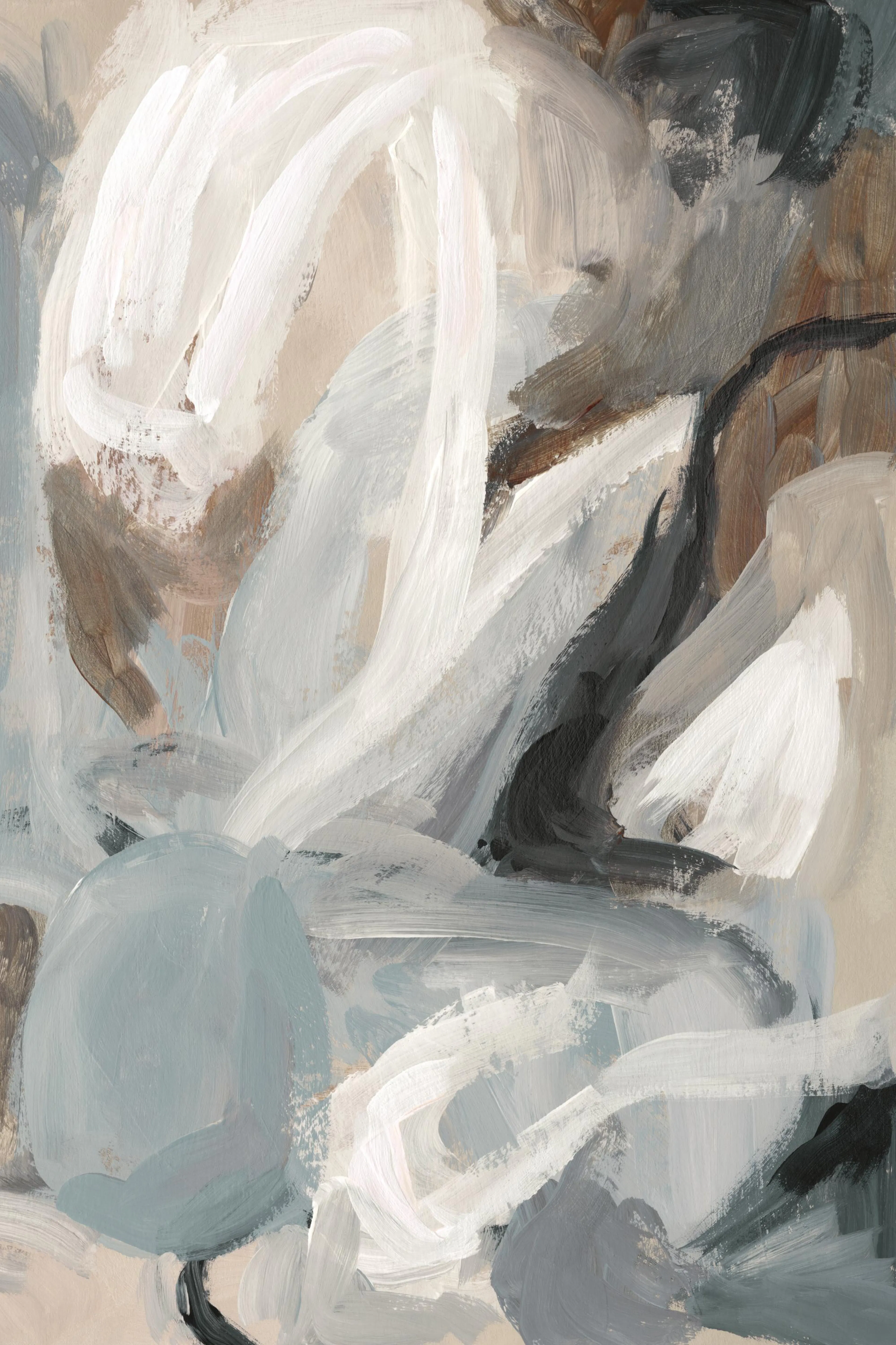 Een poster met abstracte vegen in wit, grijs, beige en bruin, met vloeiende lijnen.