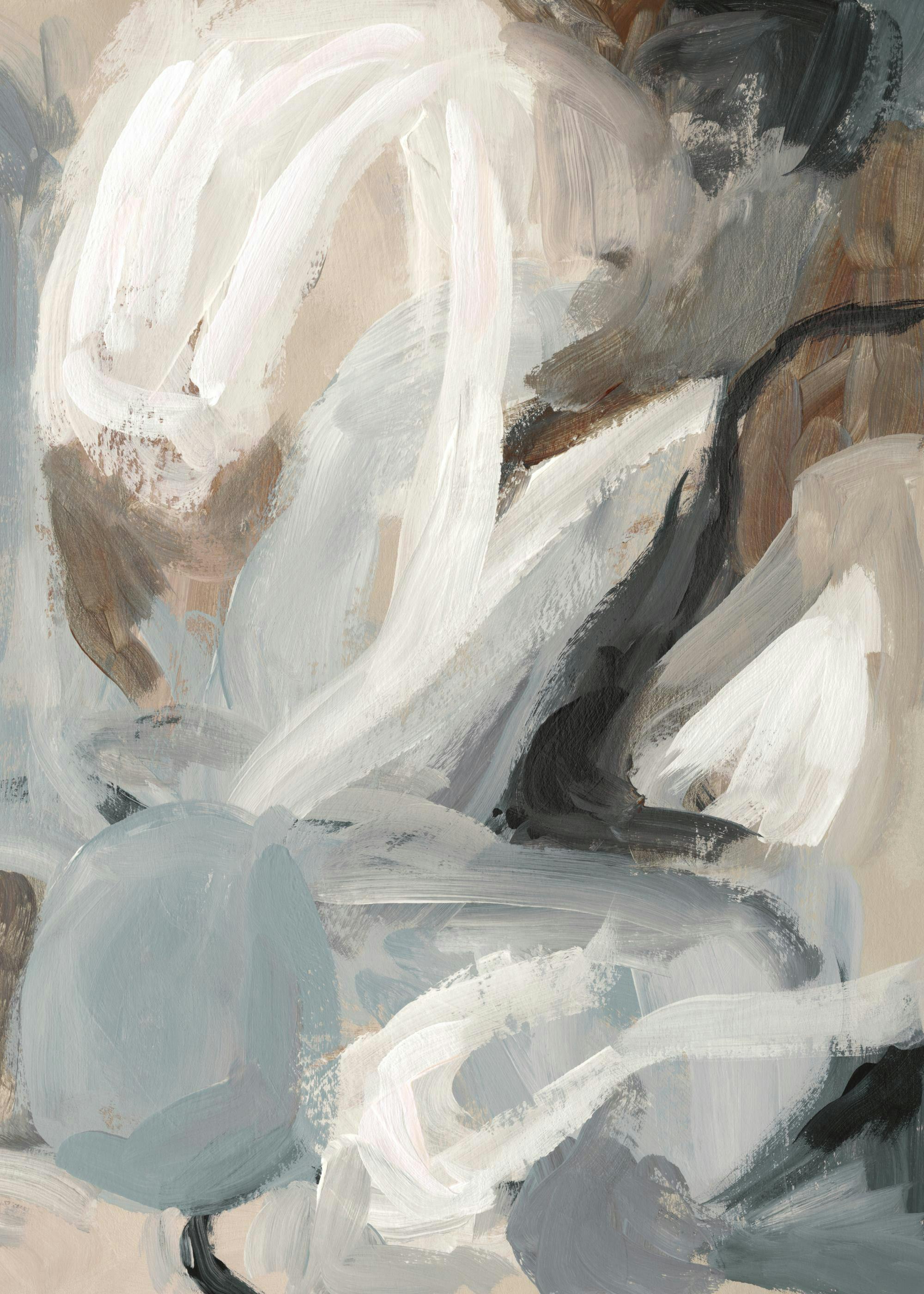 Poster con ampie pennellate astratte nei toni del bianco, beige, marrone e grigio-azzurro.