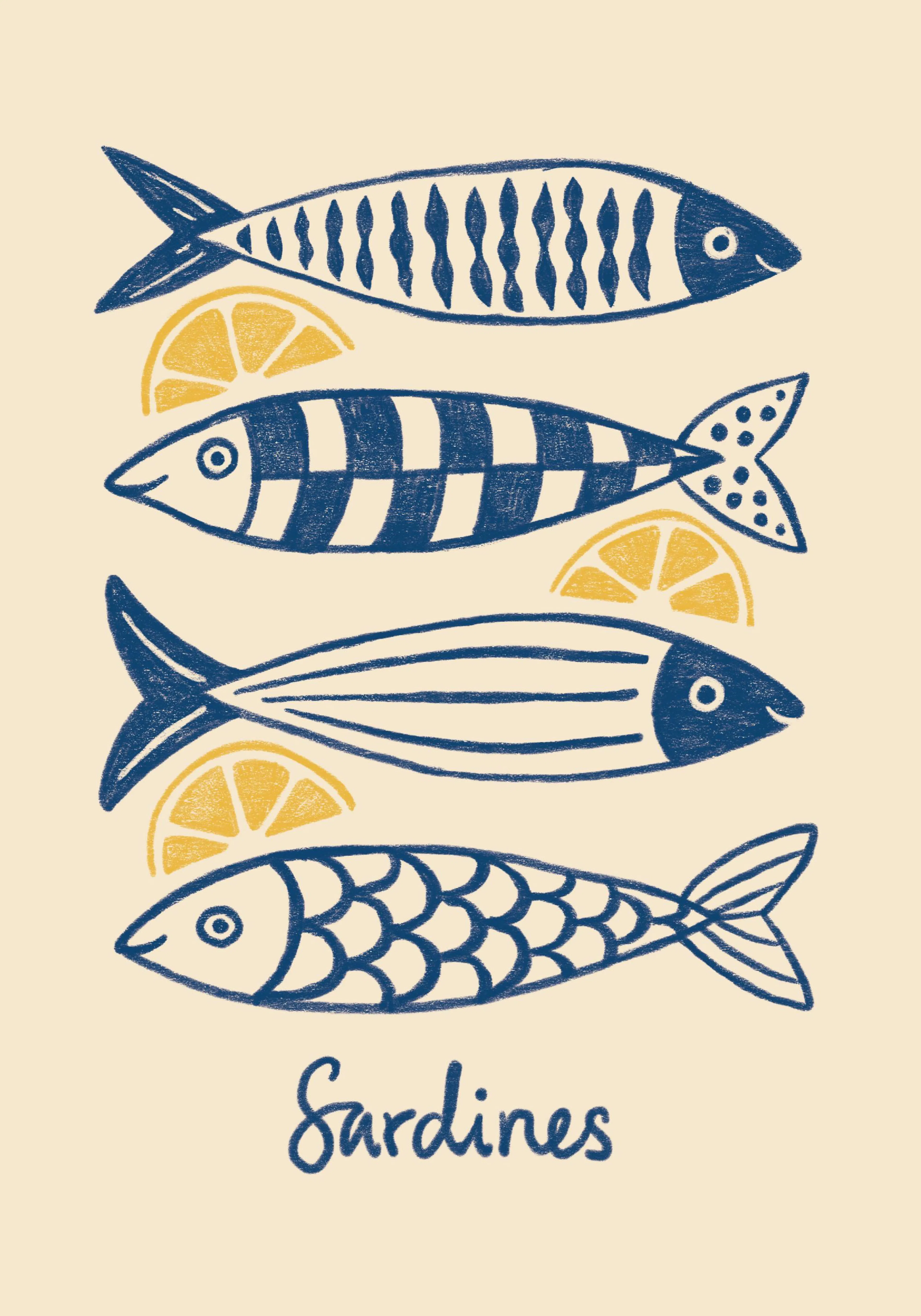 Póster con cuatro sardinas azules decorativas y rodajas de limón amarillas, con la palabra Sardines en la parte inferior.