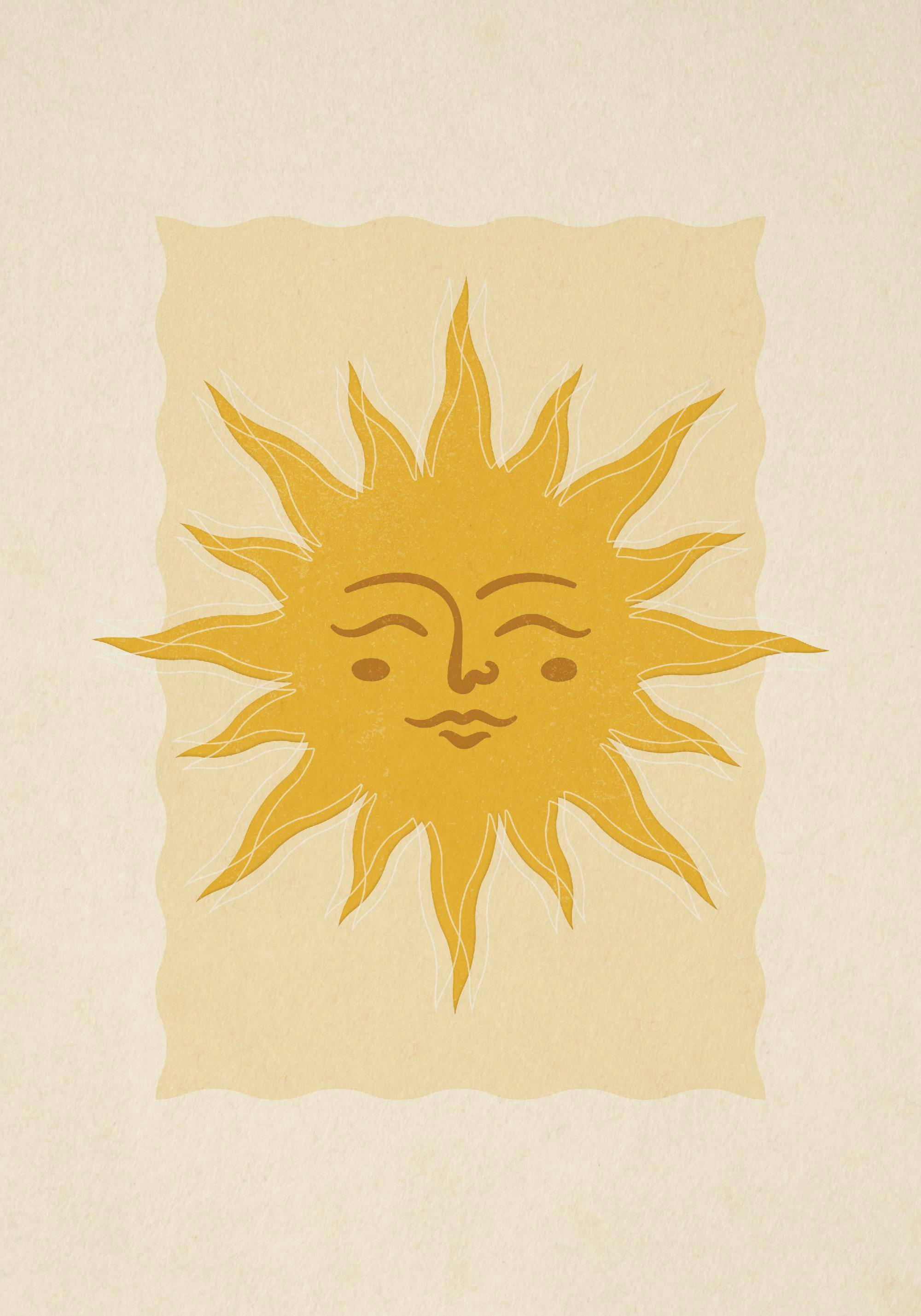 En poster med en glad, gul sol med ansikte på en bakgrund av vågiga beige och gula fält.