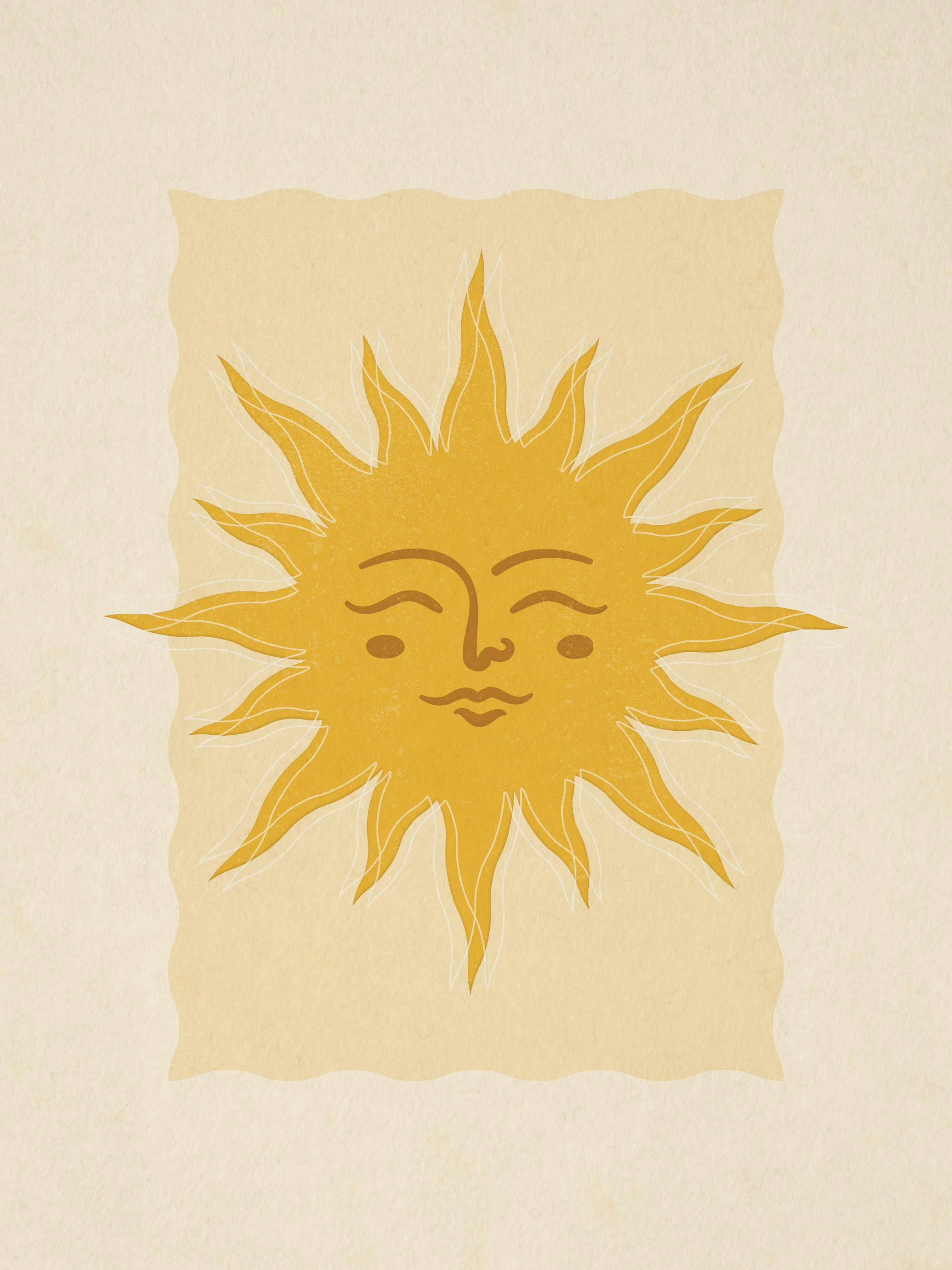 En poster med en glad, gul sol med ansikte på en bakgrund av vågiga beige och gula fält.