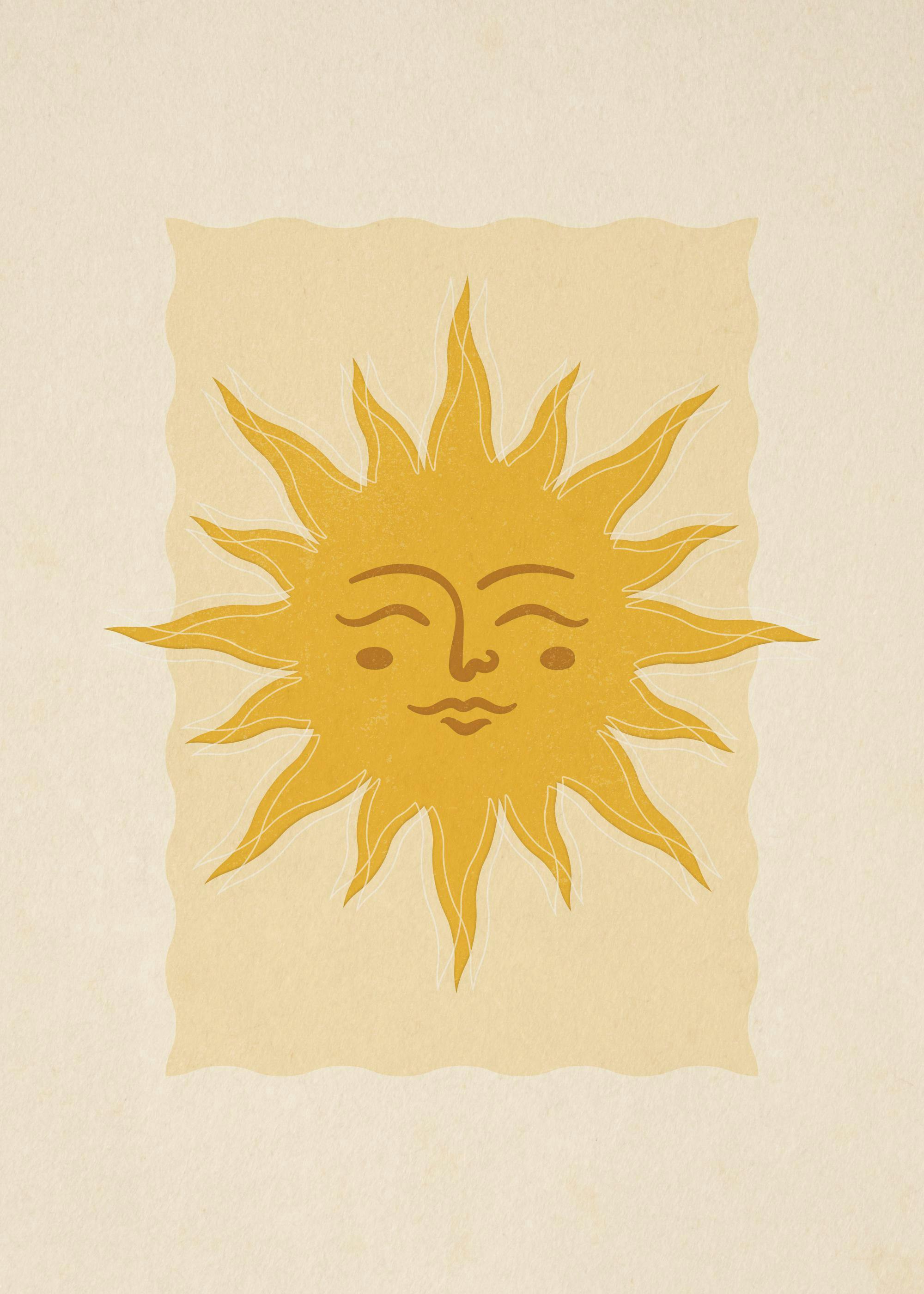 Affiche dun soleil stylisé jaune et orange, avec un visage souriant, sur fond beige et jaune clair.