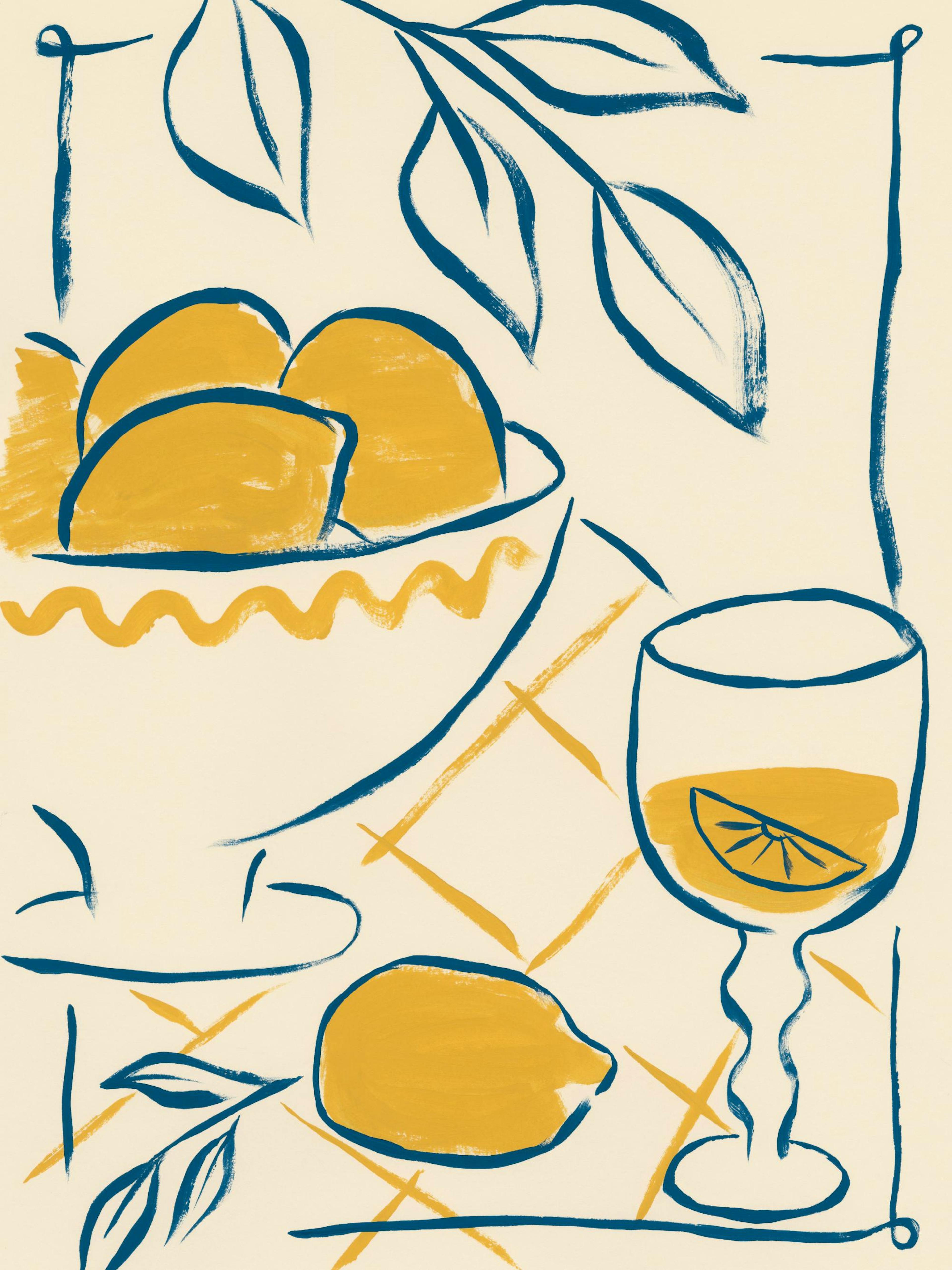 A minimalist print of lemons in a bowl, a lemon slice in a glass, and leaves in blue and yellow.