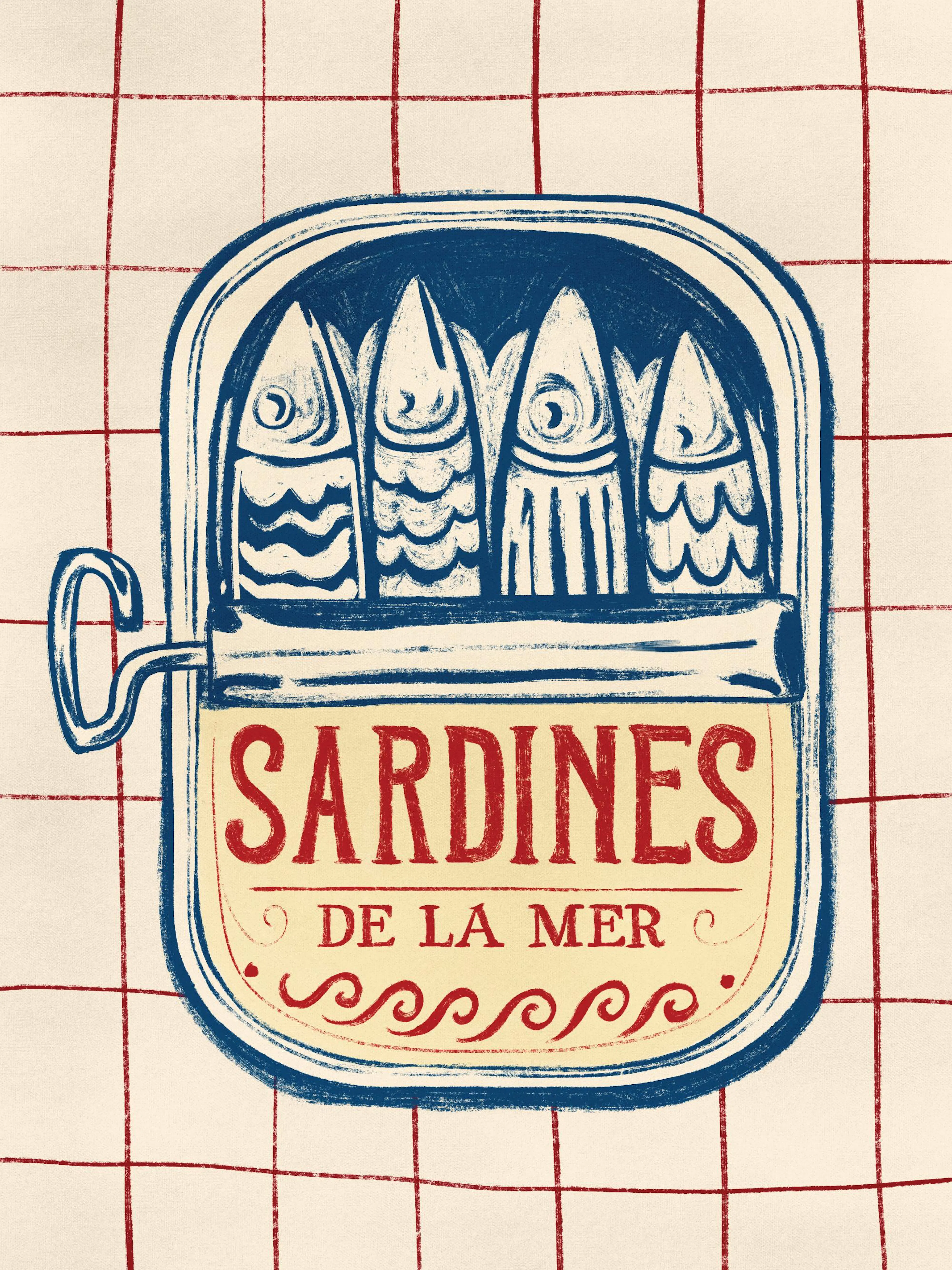 En poster som föreställer en blåfärgad sardinburk med texten SARDINES DE LA MER i rött, på en rutig bakgrund.