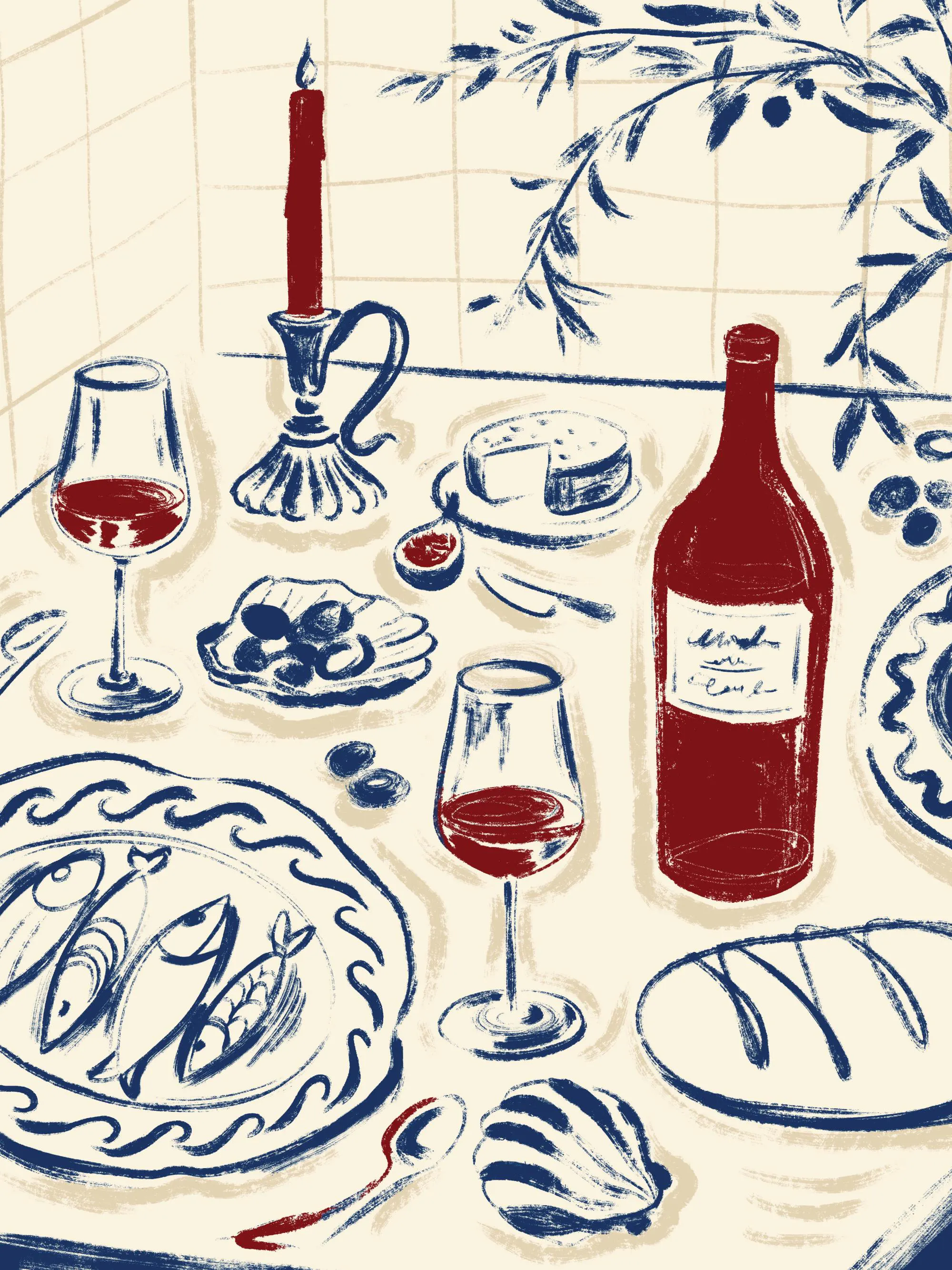 Affiche dune table avec bouteille de vin rouge, verres, fromage, olives, et poissons sur une nappe blanche.