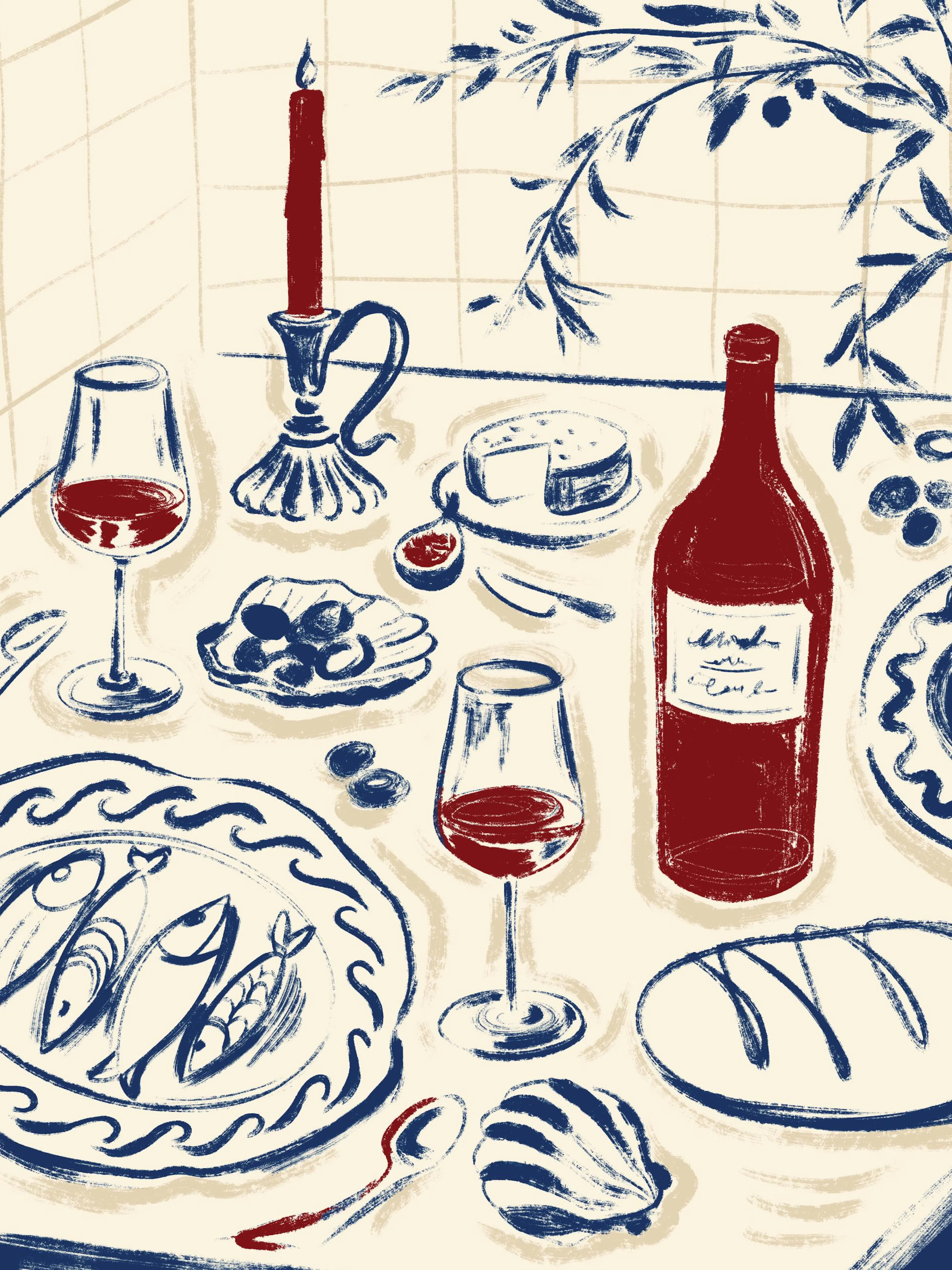 Affiche dune table avec bouteille de vin rouge, verres, fromage, olives, et poissons sur une nappe blanche.