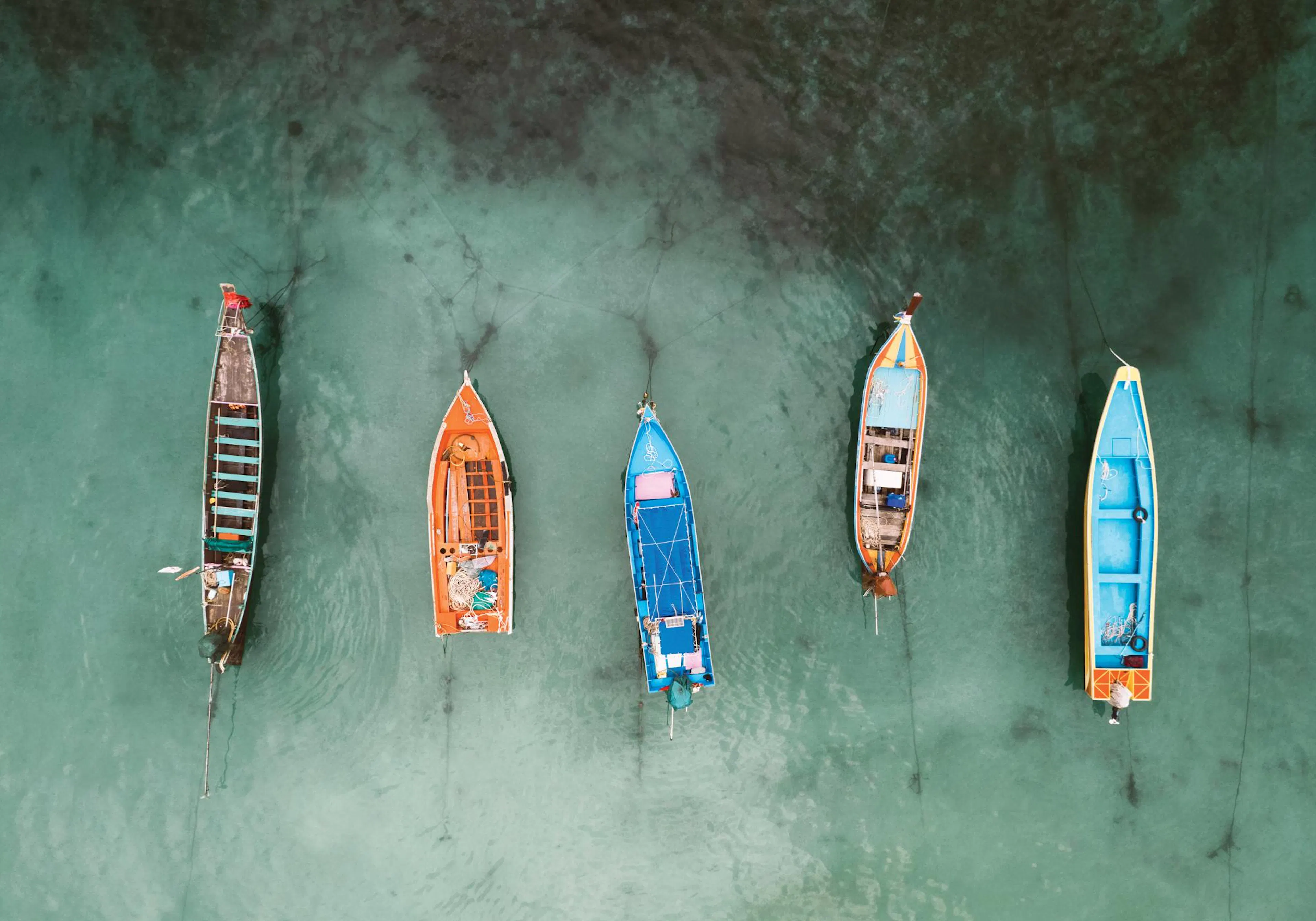 An aerial print of five colorful longtail boats anchored in clear turquoise water.