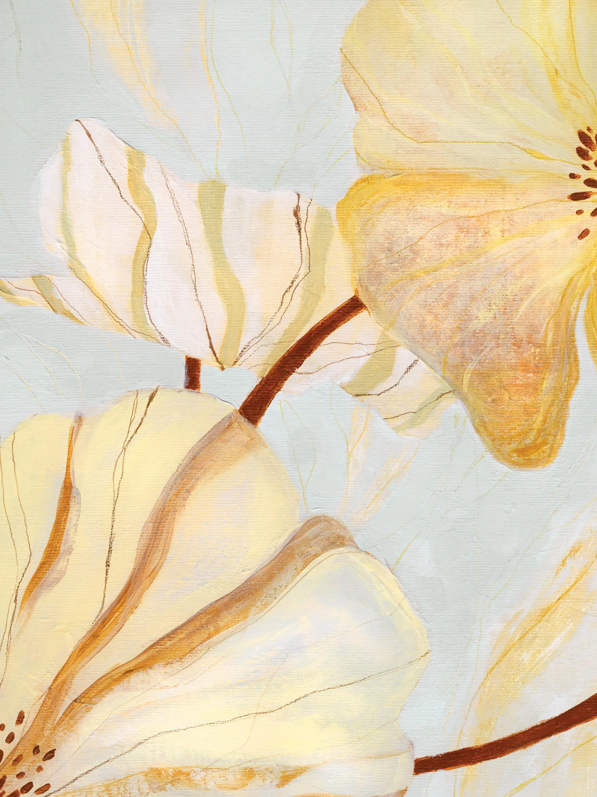 A print of large, abstract light yellow and white flowers with brown stems on a soft blue background.