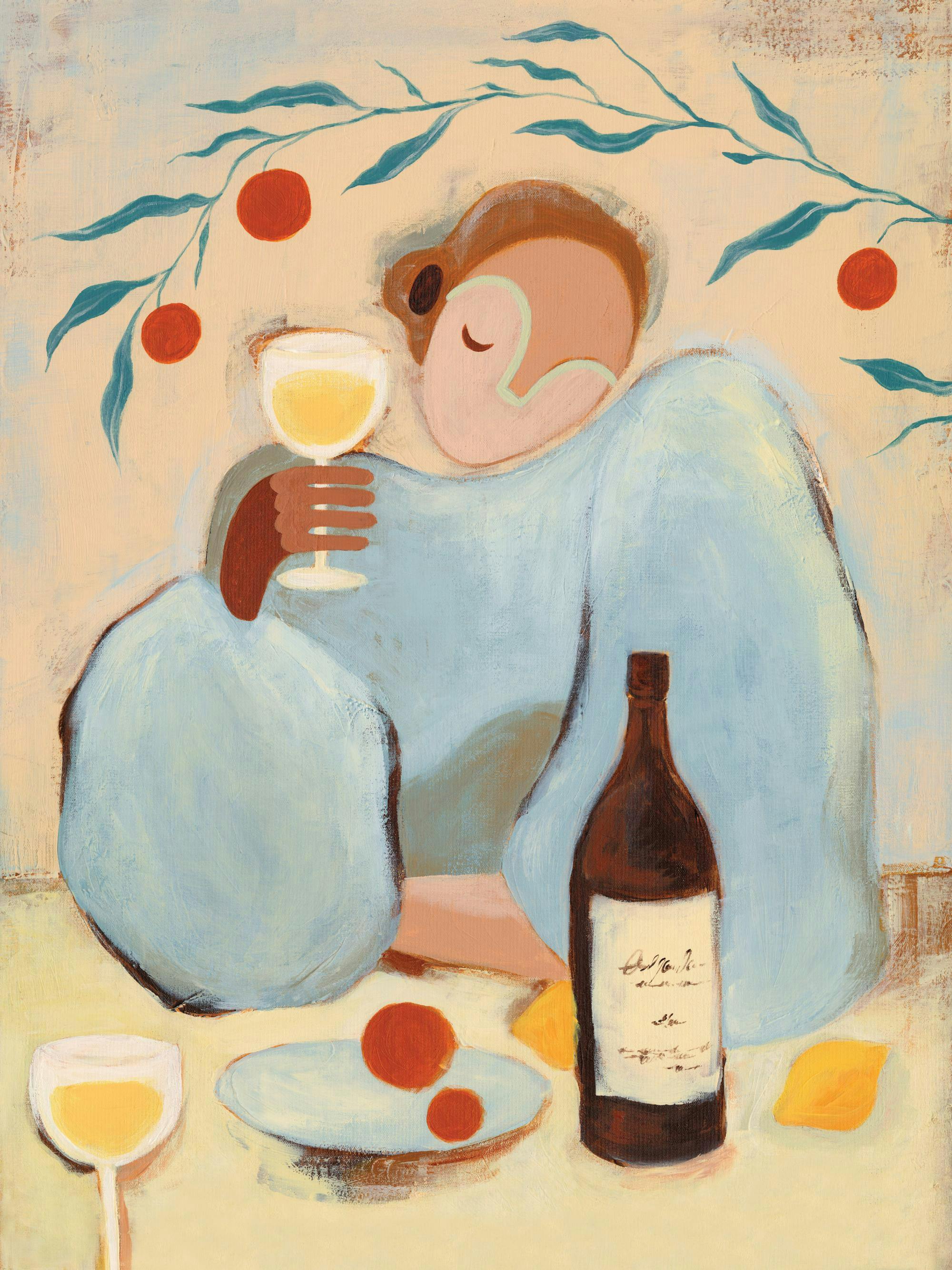 Poster med en sittande person som håller ett vinglas, omgiven av grenar med röda frukter, vinflaska och citroner.