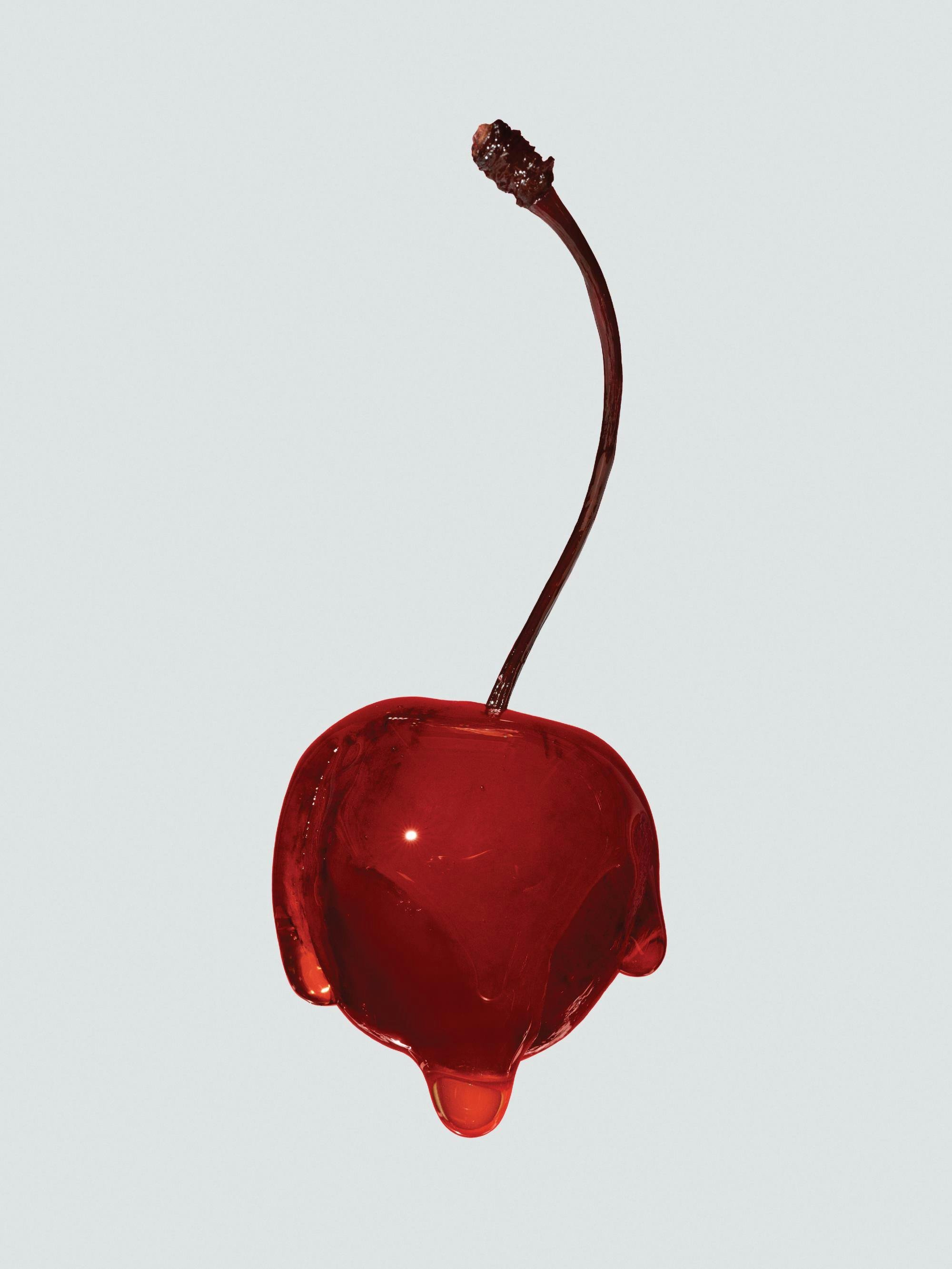 En poster som föreställer ett rött, glansigt körsbär med droppande yta och en mörkbrun stjälk mot en ljus bakgrund.