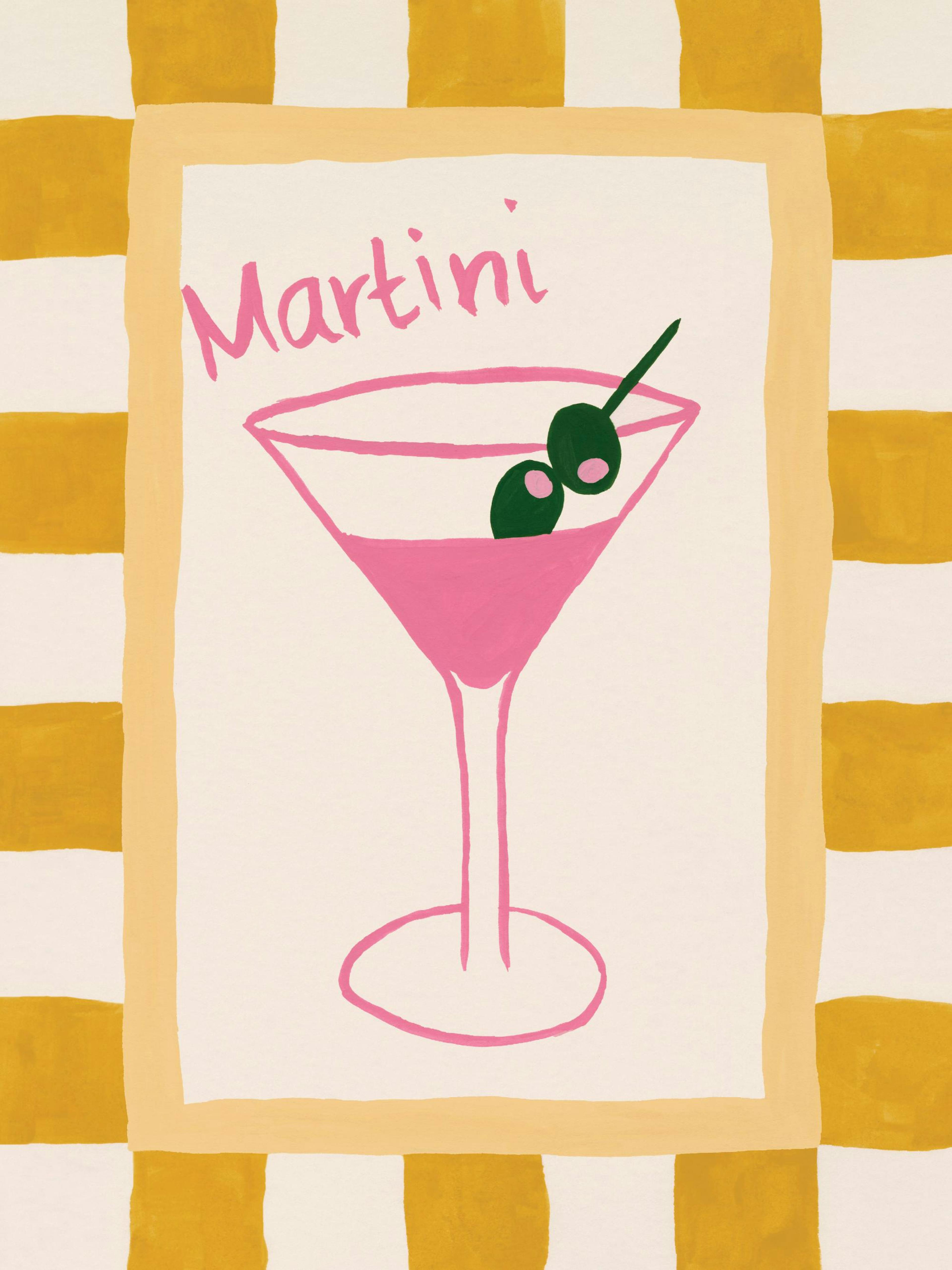 Martini-juliste keltaisella ruudullisella reunalla, roikkuu seinällä puisen pöydän ja tuolin yläpuolella.