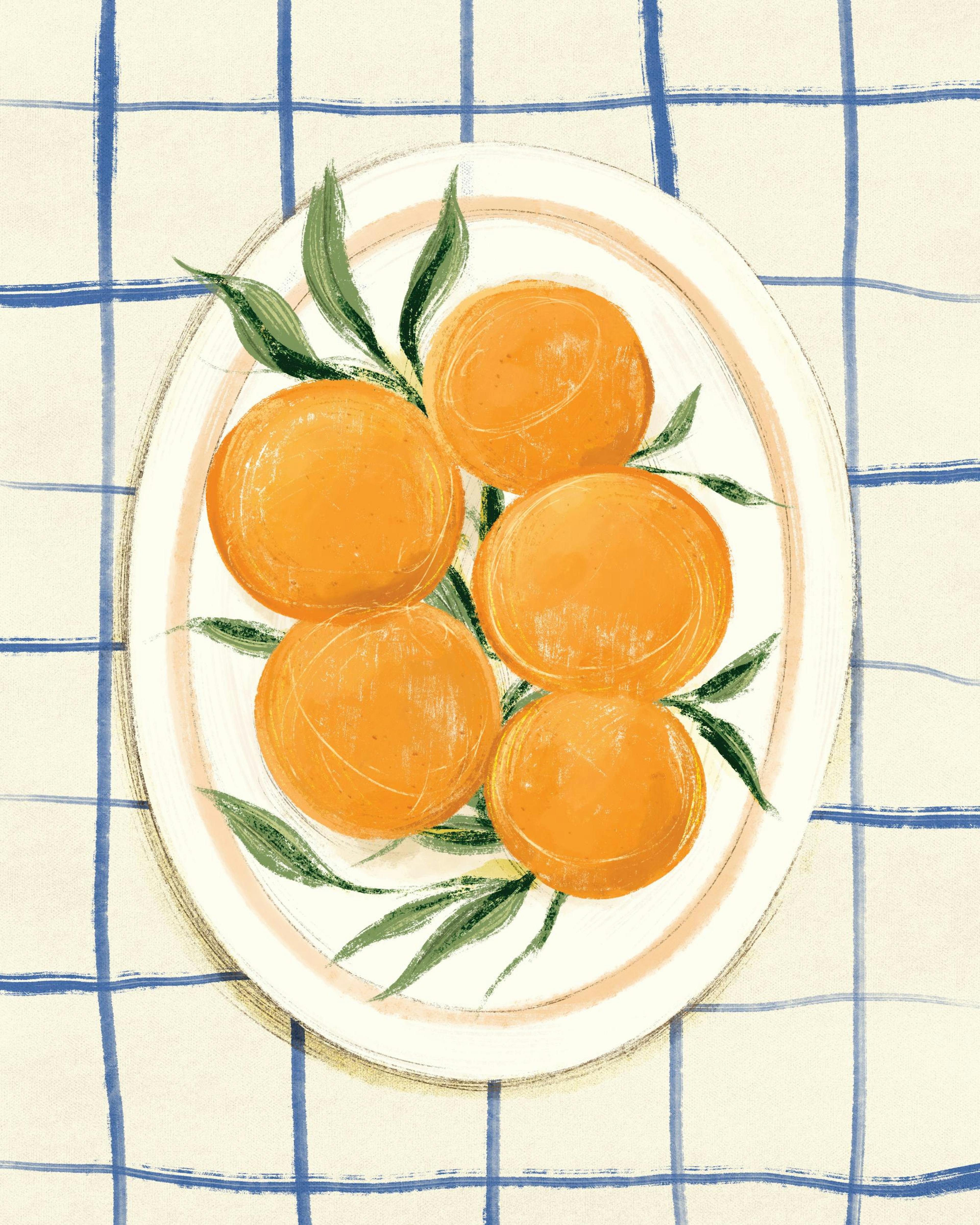 白い皿に盛られた5つのオレンジが描かれたポスター。皿の下には青いチェック柄のテーブルクロスが敷かれている。