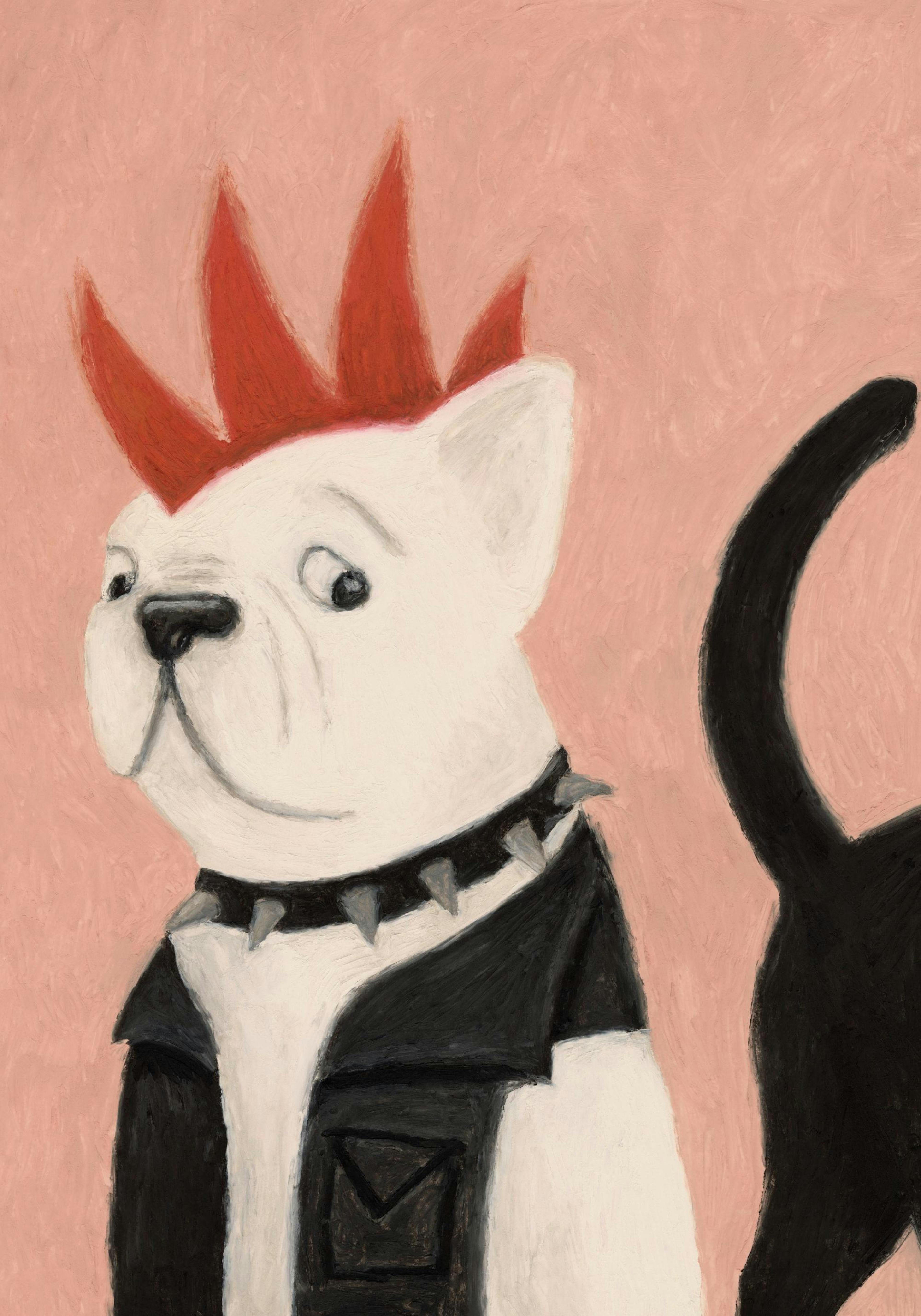 Póster de bulldog punk blanco con cresta roja y chaqueta, exhibido sobre un mueble blanco con juguetes de madera y un tambor.