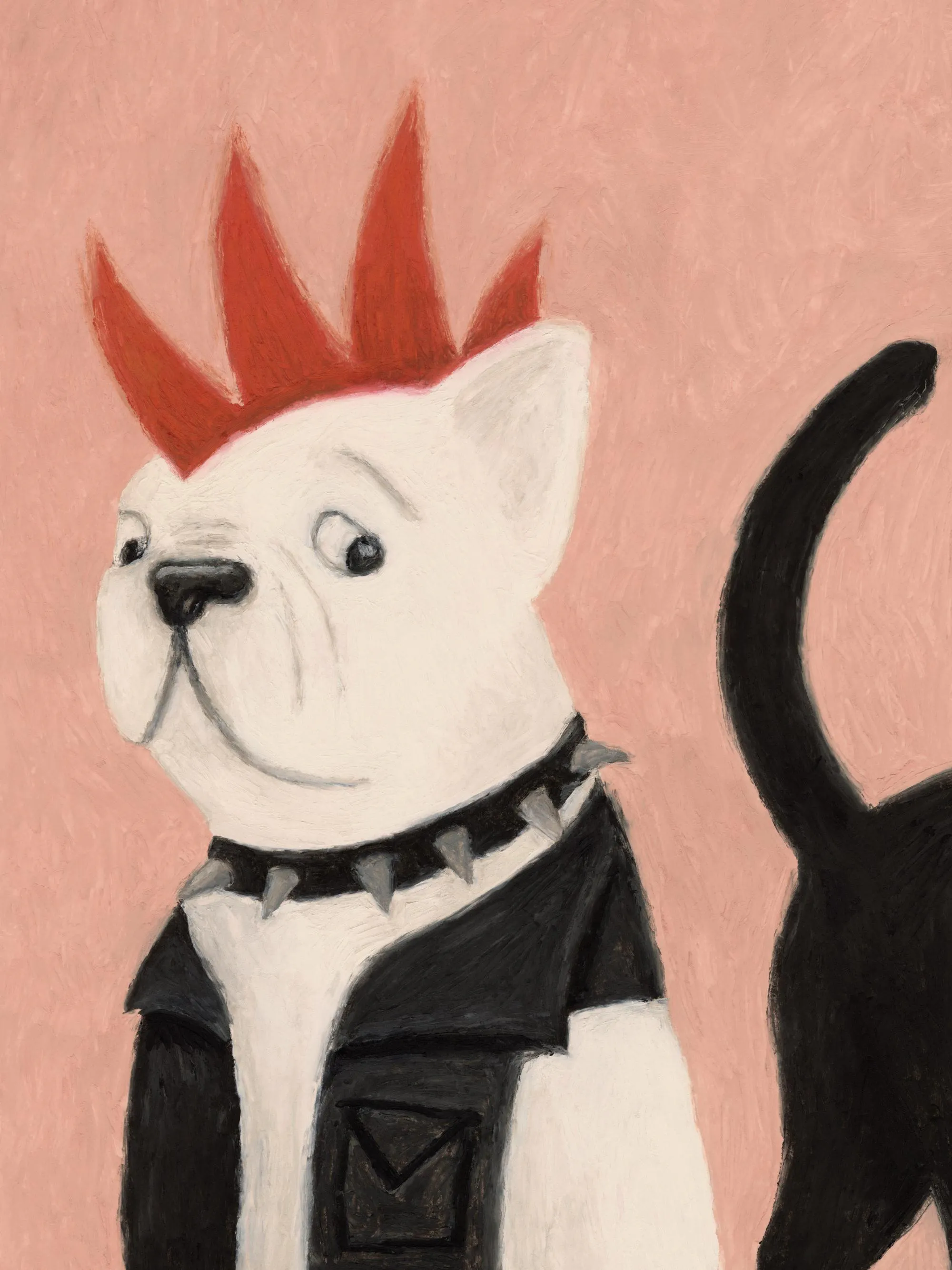 Poster eines weißen Hundes mit rotem Irokesen und Stachelhalsband, daneben ein schwarzer Katzen-Schwanz.