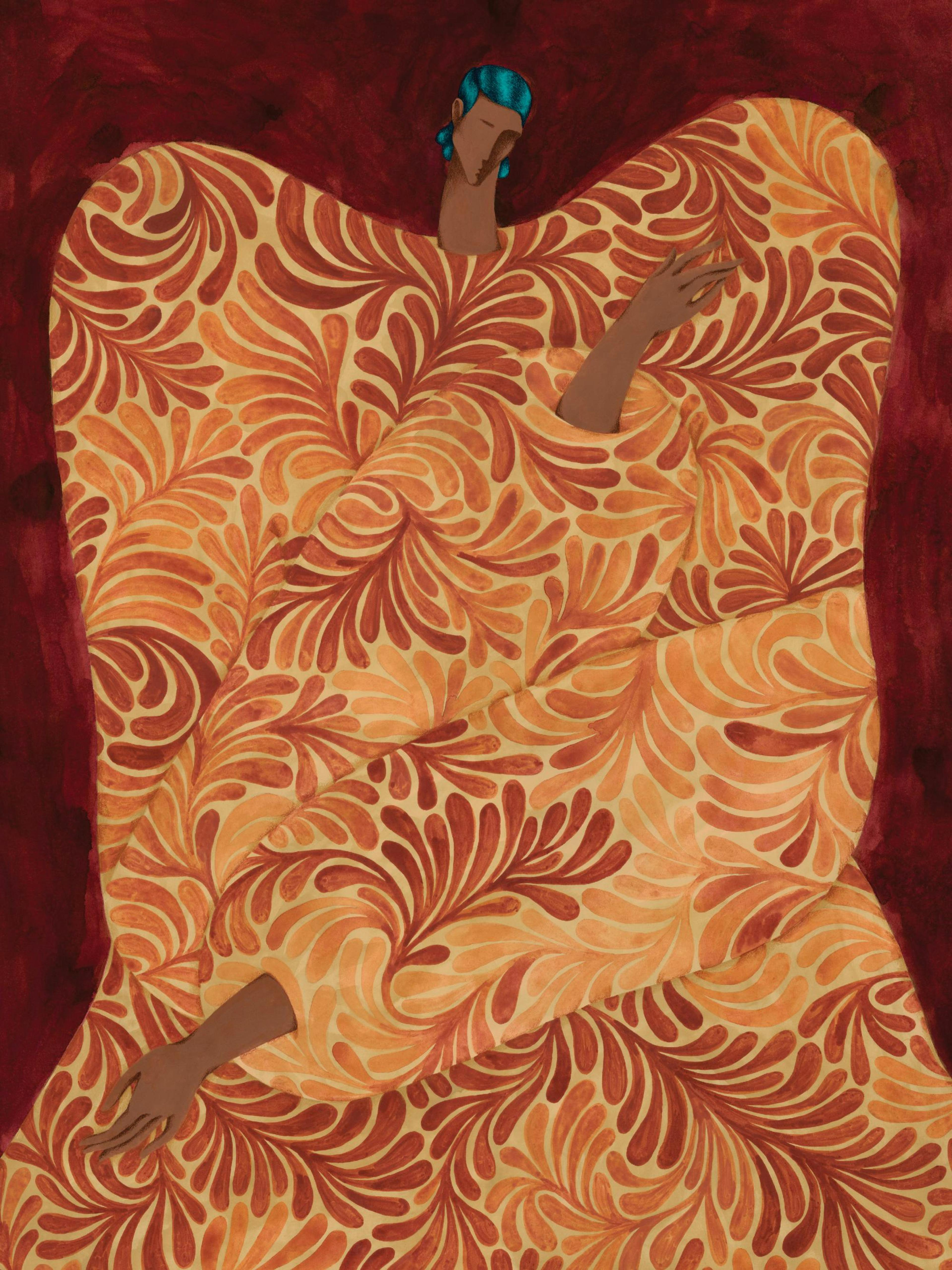 A print of a figure with blue hair and dark skin, enveloped in a flowing garment with a red and orange leaf pattern.