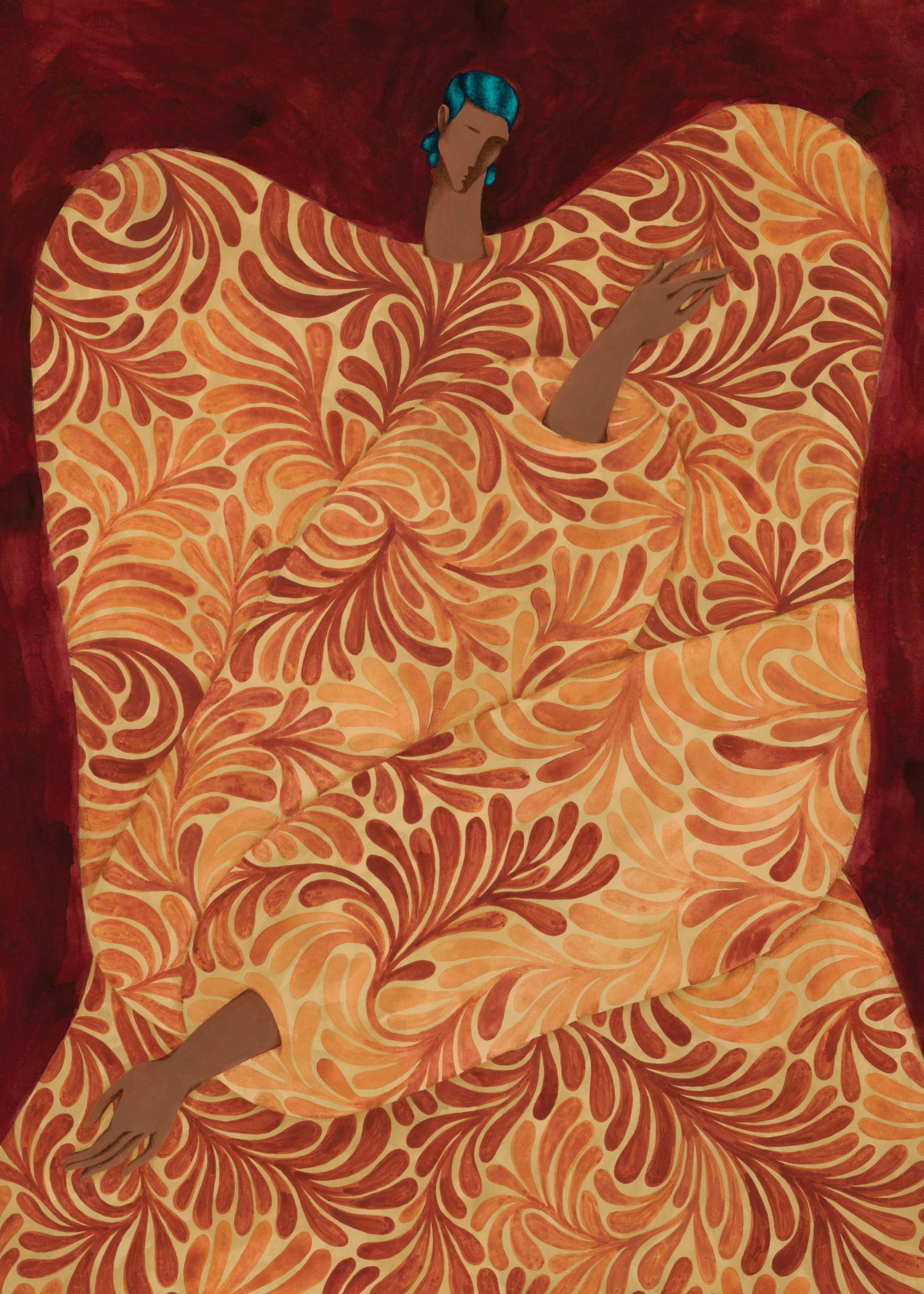 A print of a figure with blue hair and dark skin, enveloped in a flowing garment with a red and orange leaf pattern.