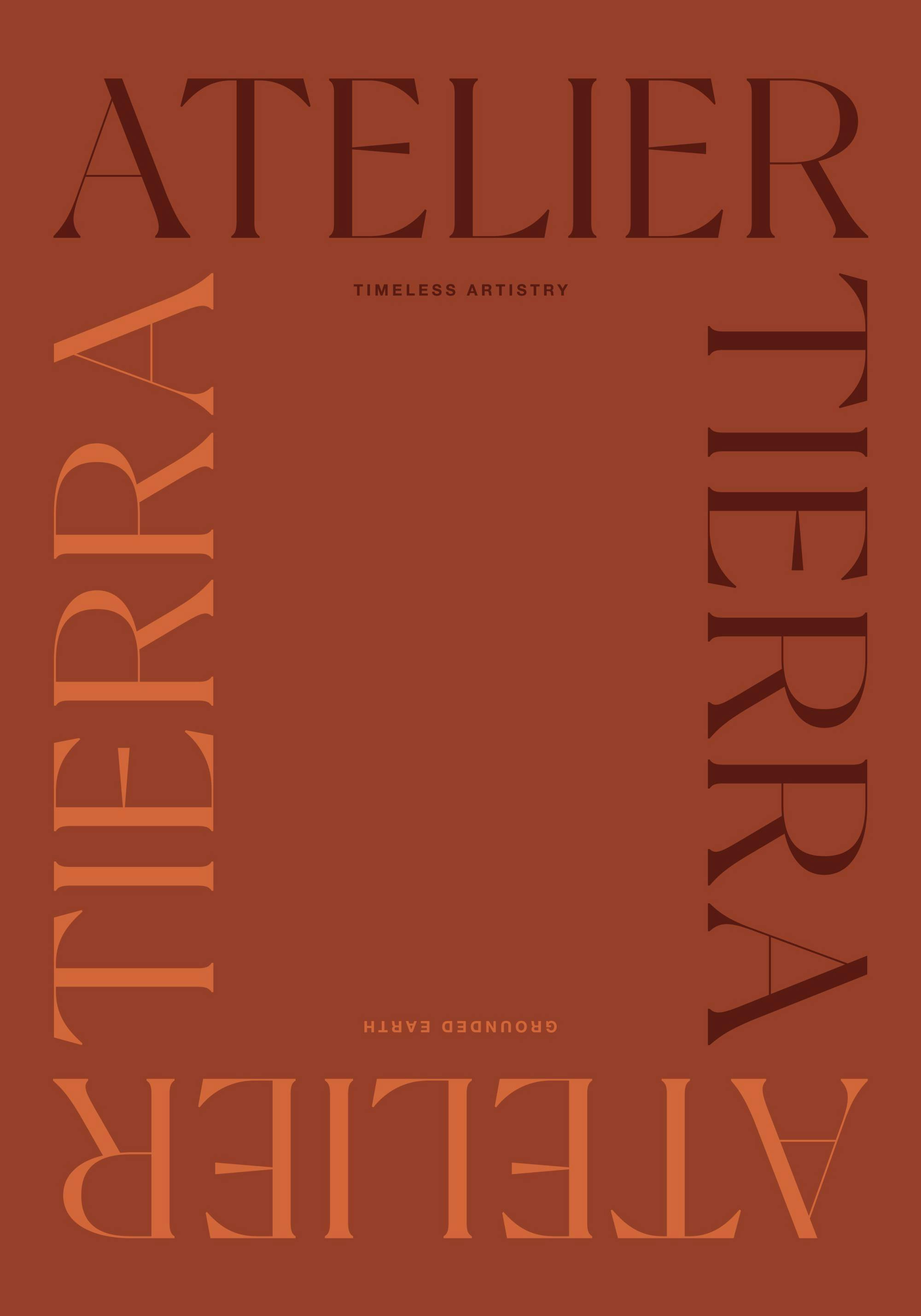En poster med texten ATELIER och TIERRA i mörkbrunt mot en roströd bakgrund, med mindre text i mitten.