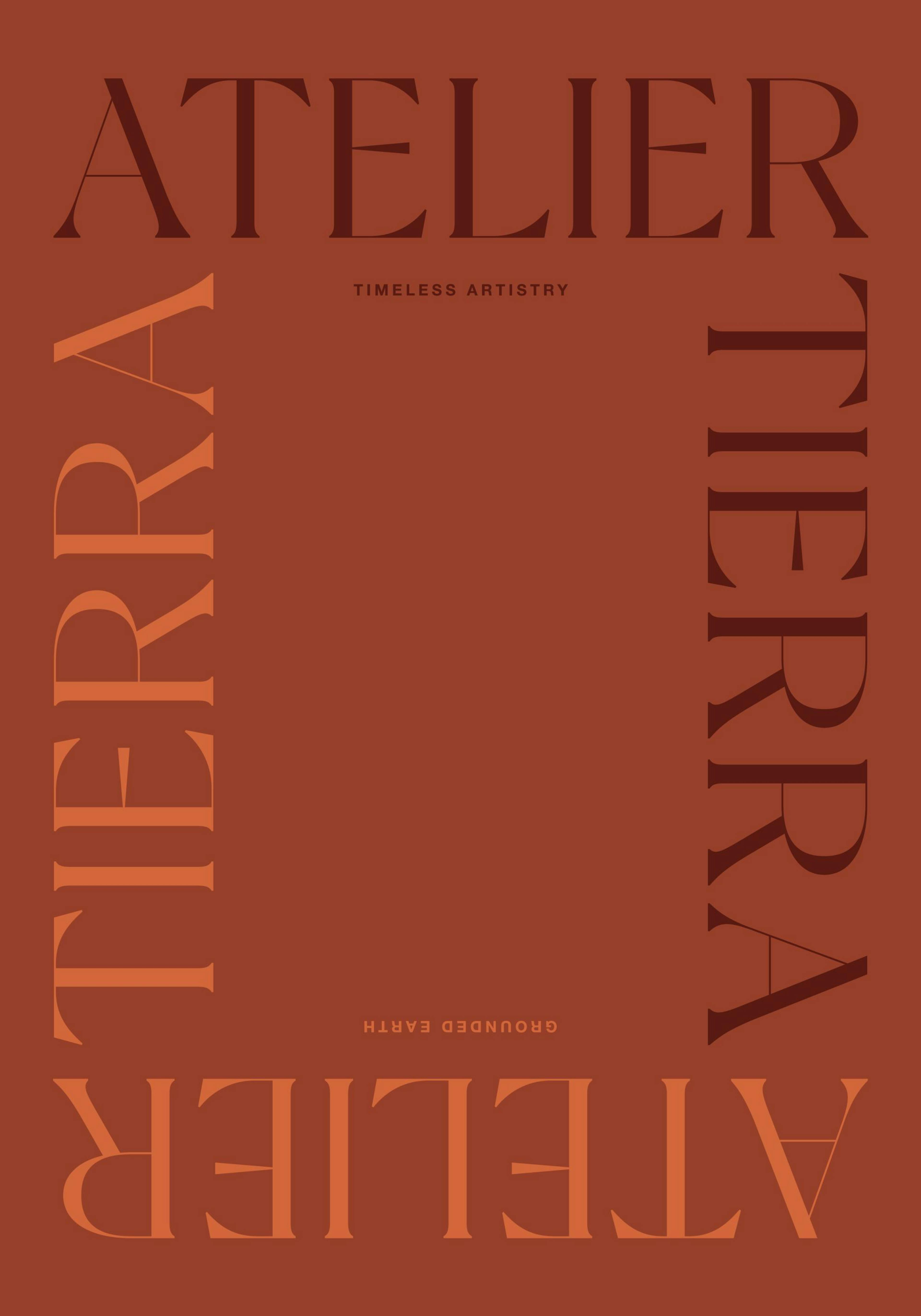 Póster de ATELIER TIERRA en letras grandes en un fondo terracota.