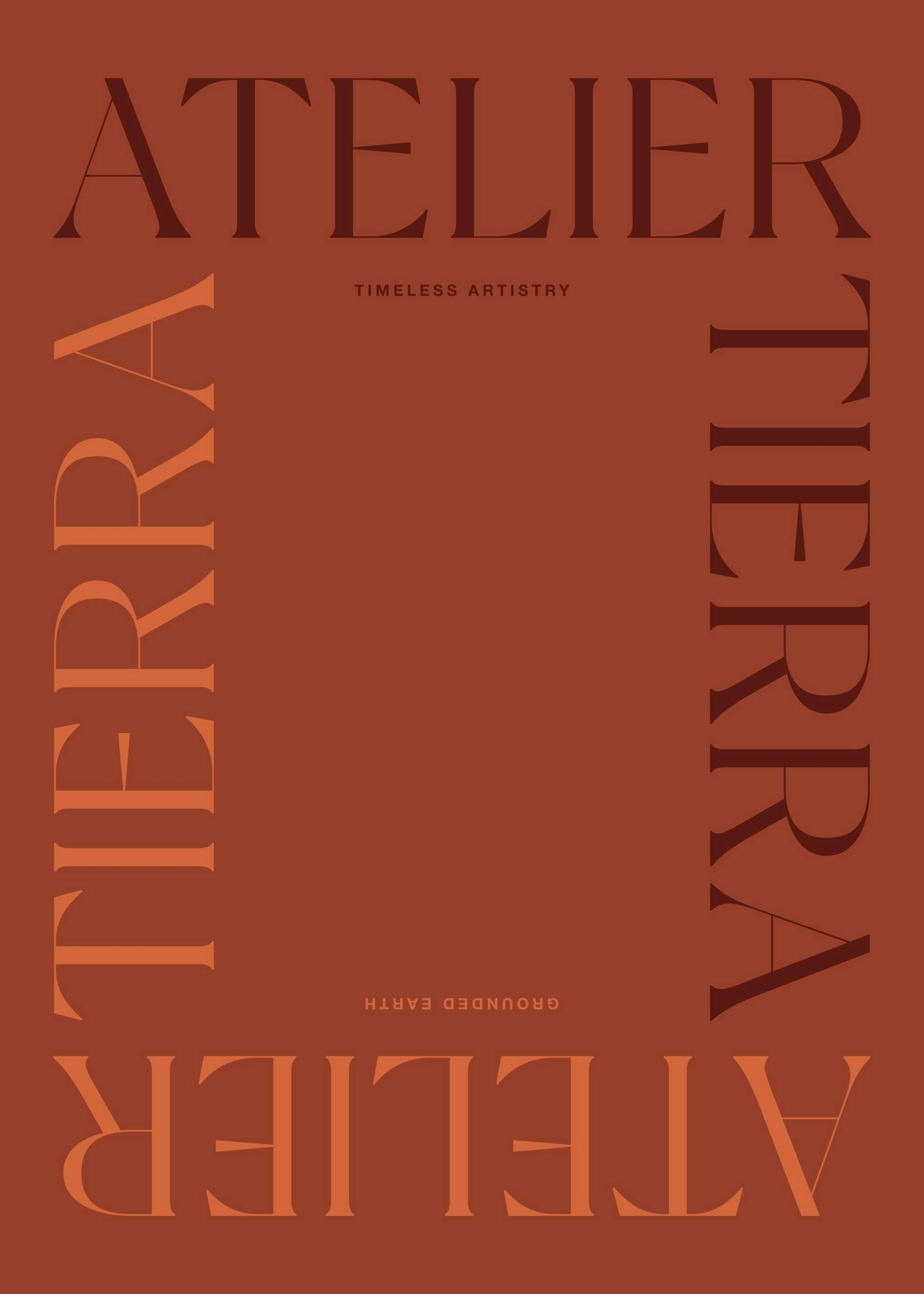 Póster de ATELIER TIERRA en letras grandes en un fondo terracota.