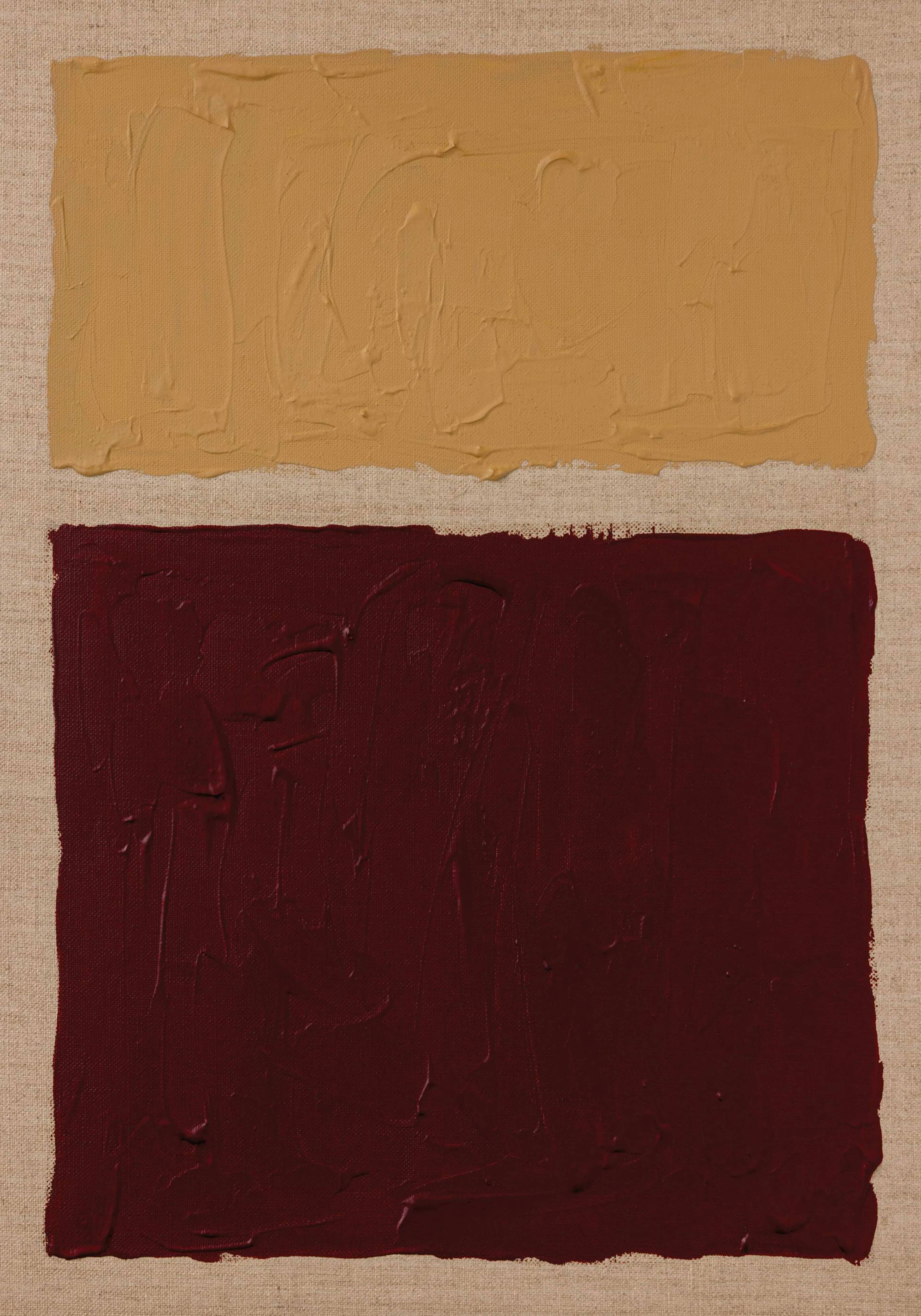 A minimalist print featuring a textured tan block above a textured deep red block, both on a beige canvas background.
