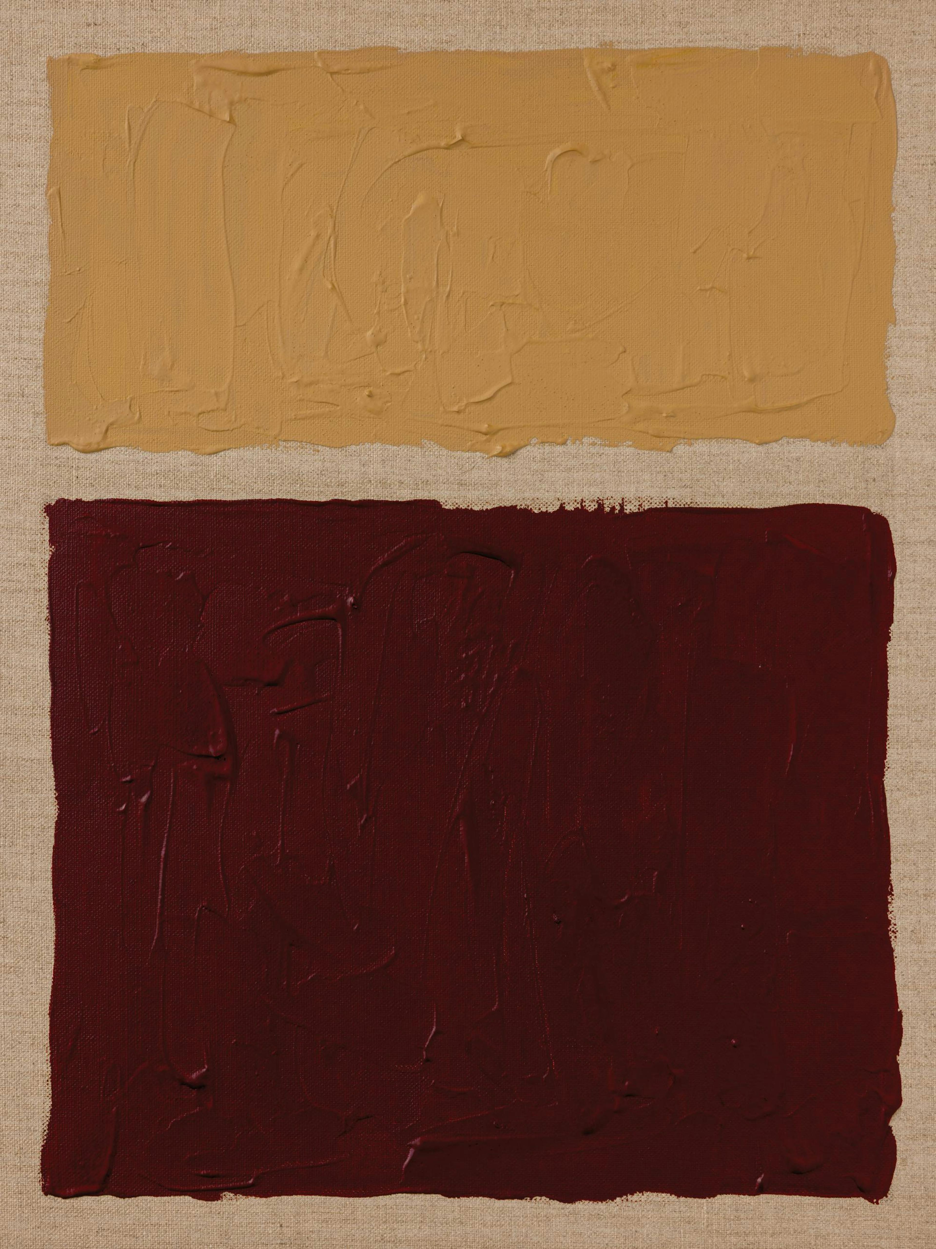 A print abstract art featuring two blocks of color, one ochre yellow above and one dark red below, on a beige background.