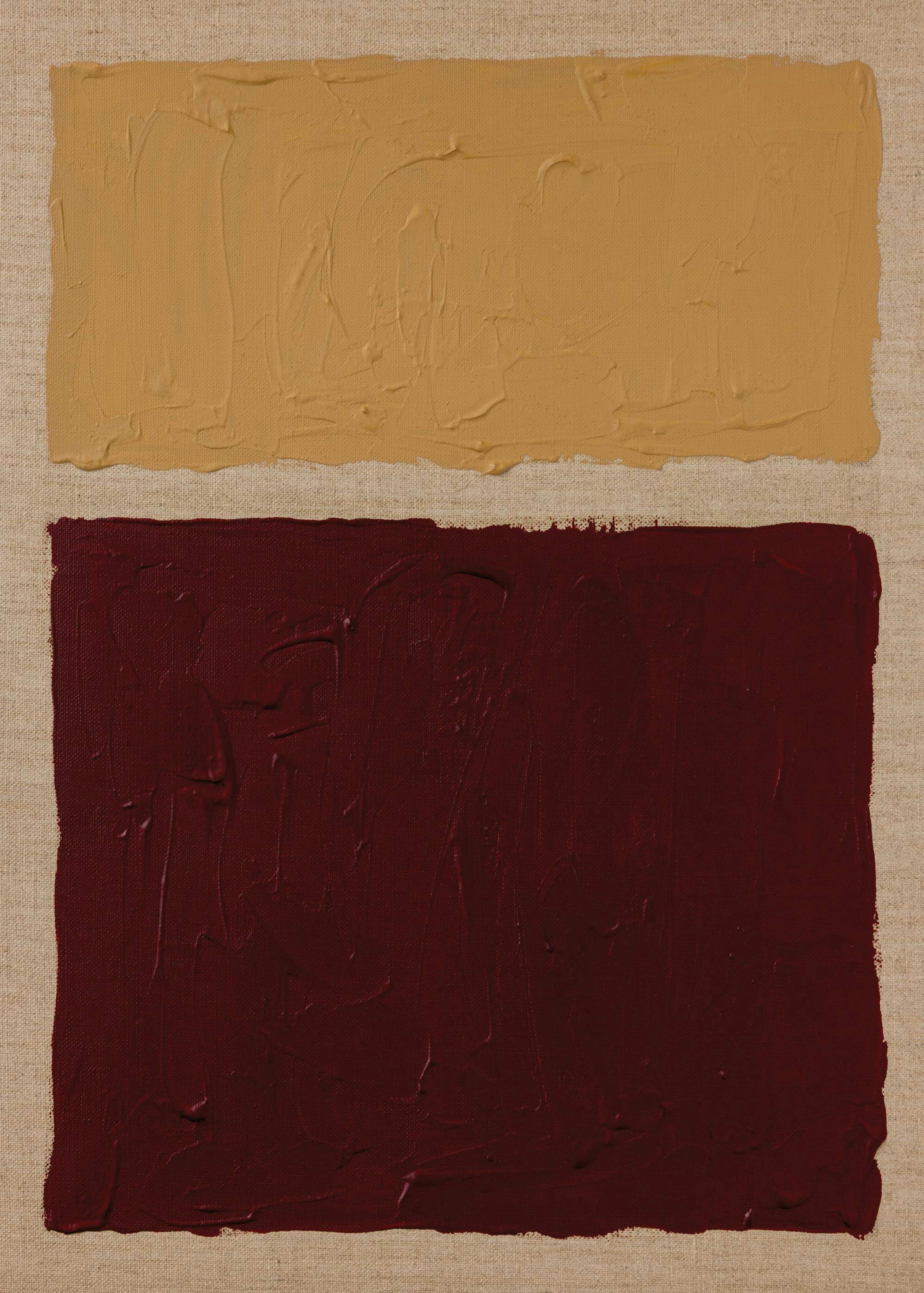 Póster de dos rectángulos de color, uno beige en la parte superior y otro granate en la inferior, sobre un fondo de lino.