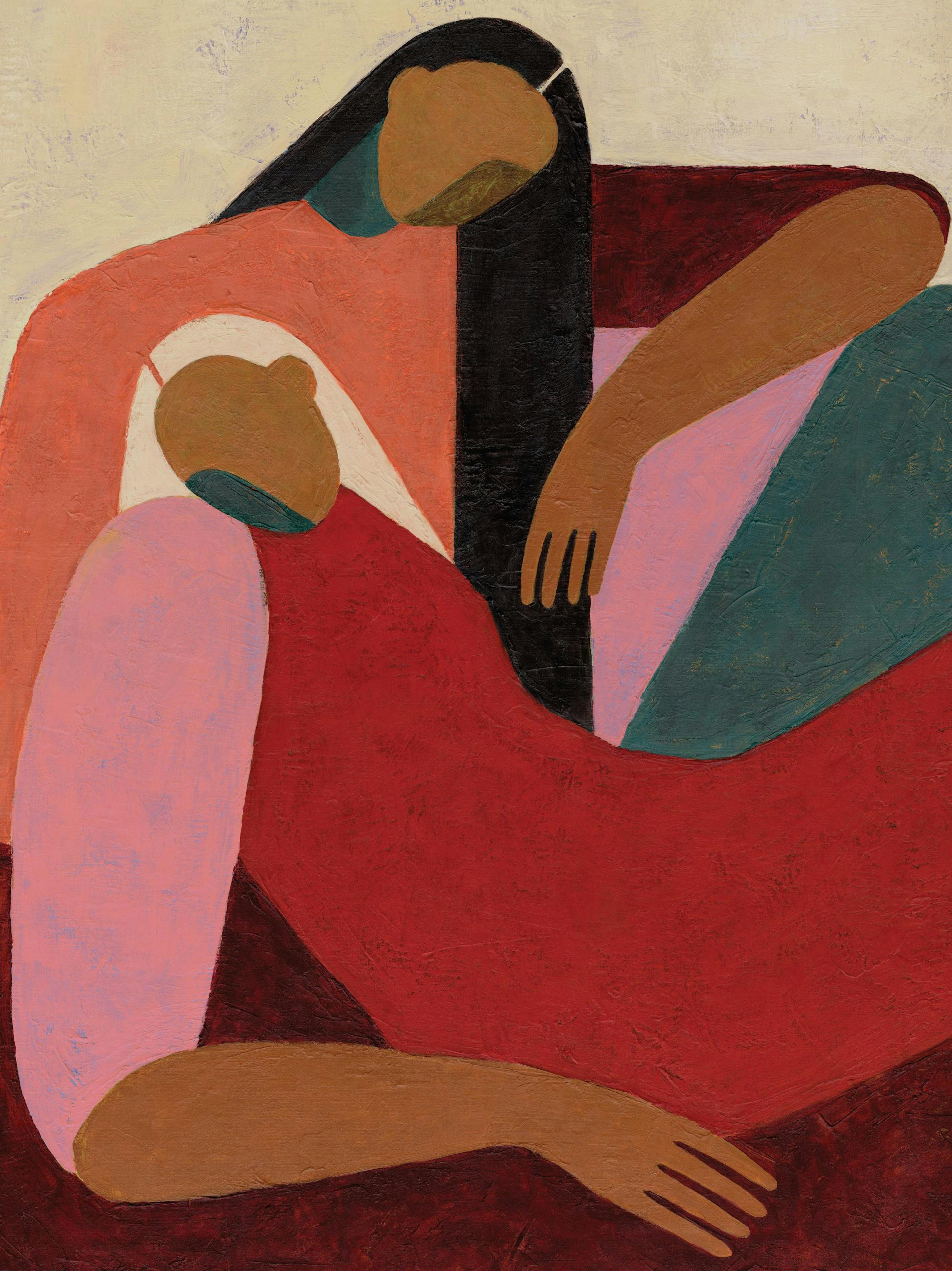 Abstract print of two figures in warm tones of red, brown, and pink with black and teal accents.