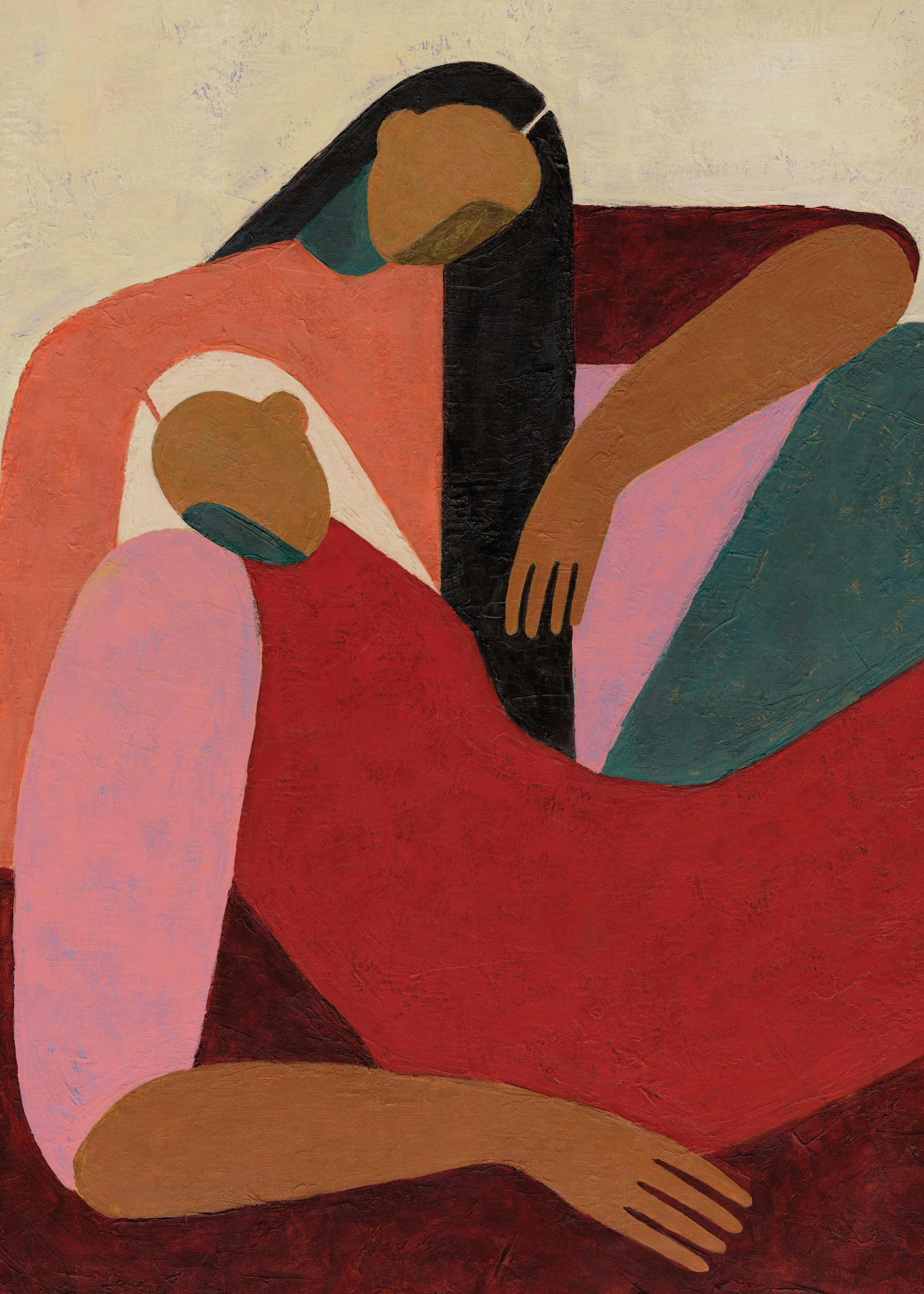 Póster de dos figuras abstractas reclinadas en tonos terracota, marrón, rosa, verde oscuro y negro.