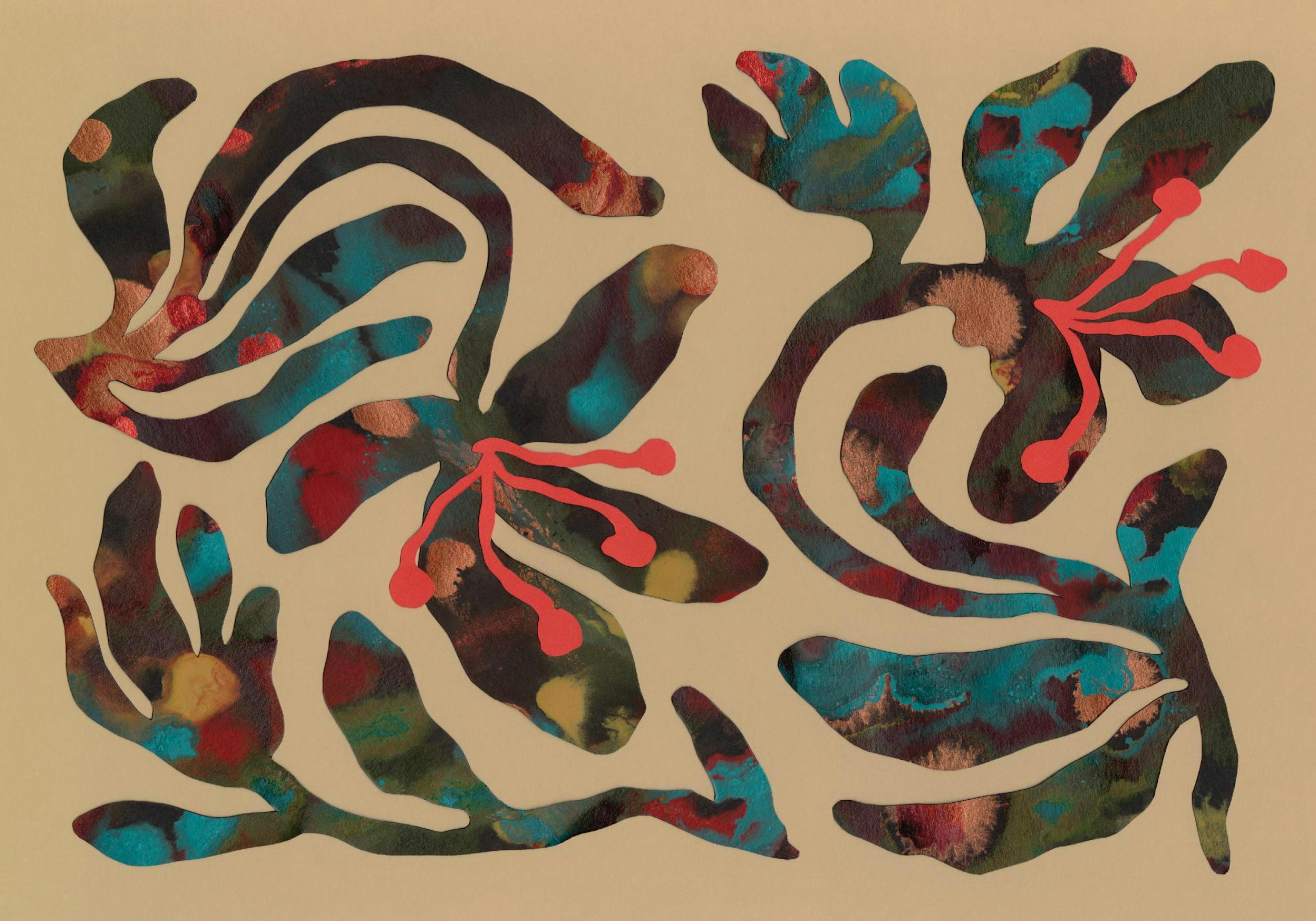 A print of organic shapes with teal, red, and copper metallic swirls, resembling abstract leaves or flowers on a beige backgroun